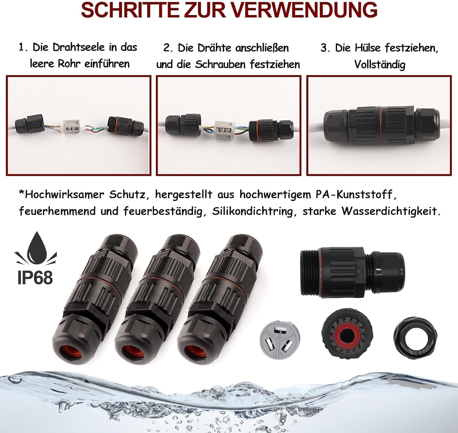 HISports Wasserdichter IP68 3-poliger Kabelstecker für 4–10,00 mm Kabeldurchmesser, Anschlussdose für den Außenbereich, Wohnmobil, Garten, Boot, Auto und vergrabene Kabel – 3er-Pack, Schwarz