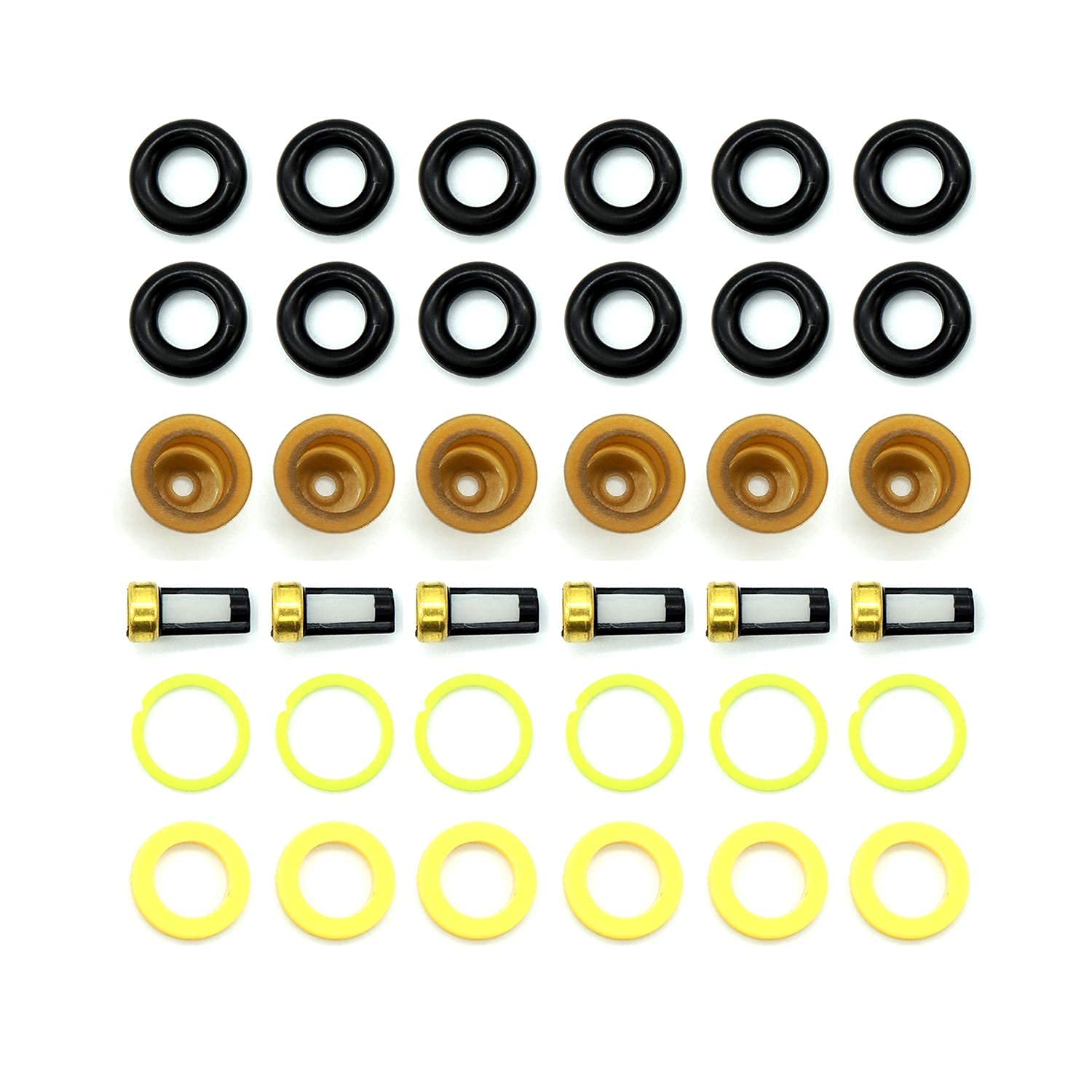 HiSport Fuel Injector Rebuild Service Kits for Universal EV1 Engines Injector O-Rings, Injector Spacers, Injector Retaining Pintle Caps, Injector Micro Basket Filters - 6 pcs/pack