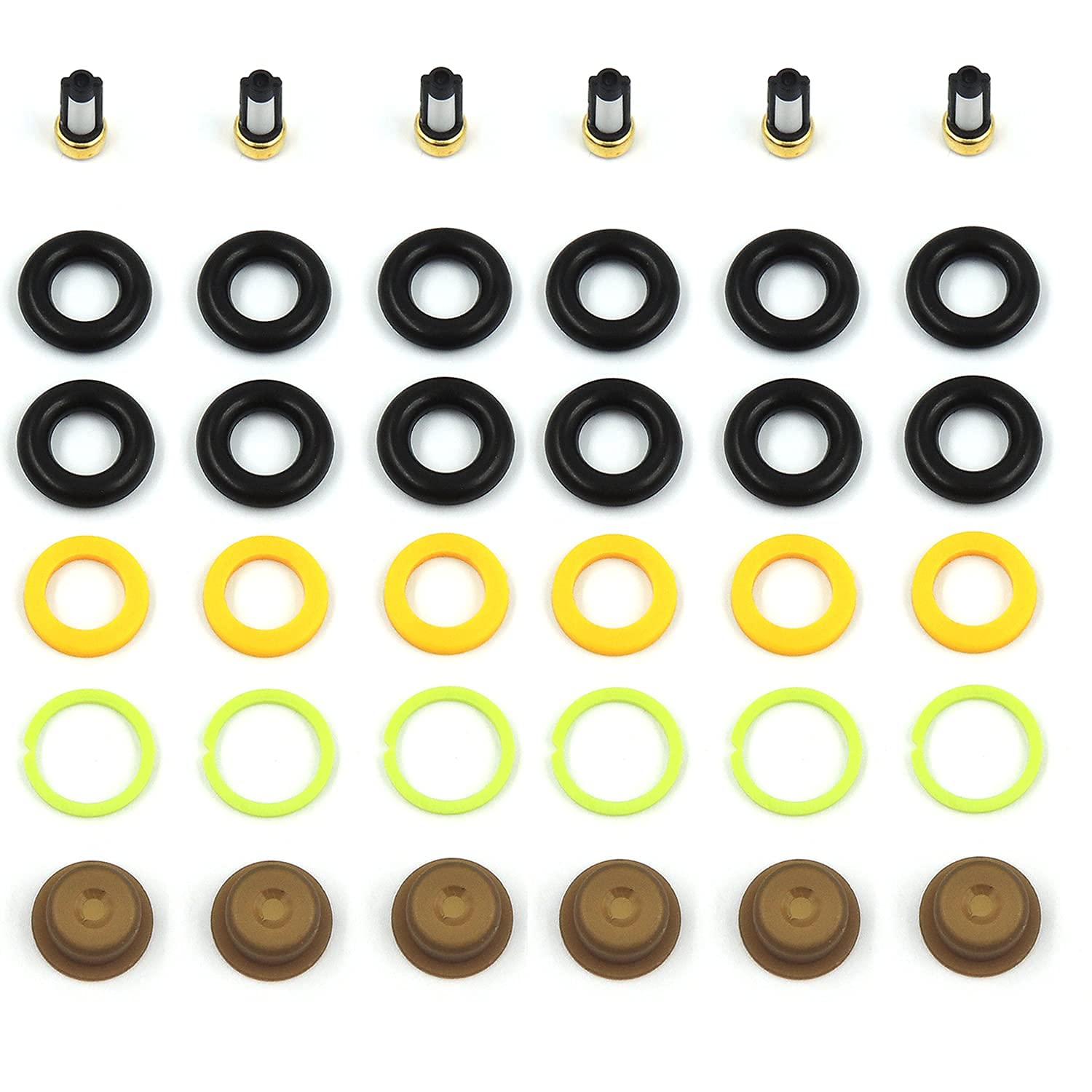 HiSport Fuel Injector Rebuild Service Kits for Universal EV1 Engines Injector O-Rings, Injector Spacers, Injector Retaining Pintle Caps, Injector Micro Basket Filters - 6 pcs/pack