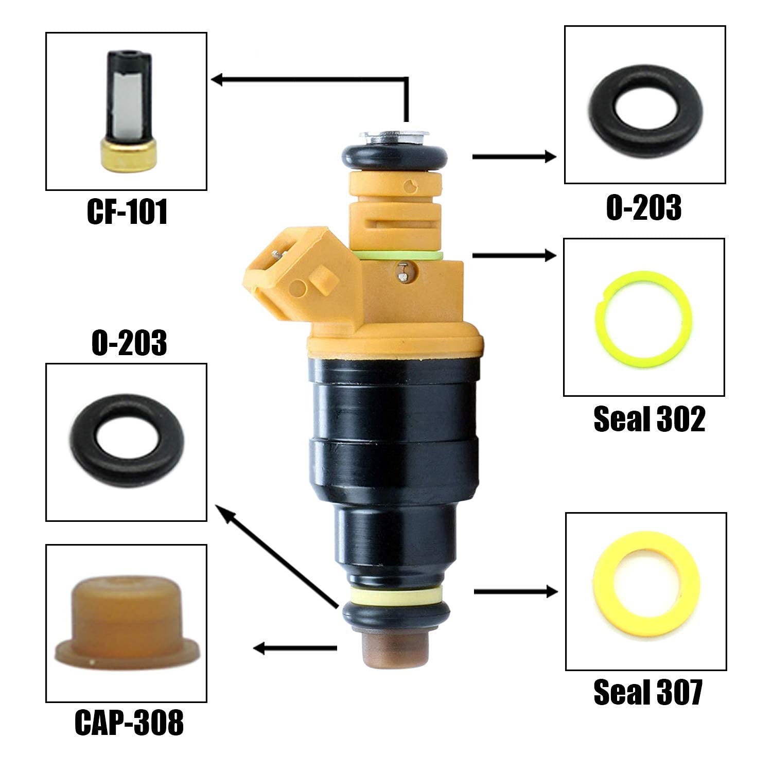 HiSport Fuel Injector Rebuild Service Kits for Universal EV1 Engines Injector O-Rings, Injector Spacers, Injector Retaining Pintle Caps, Injector Micro Basket Filters - 6 pcs/pack