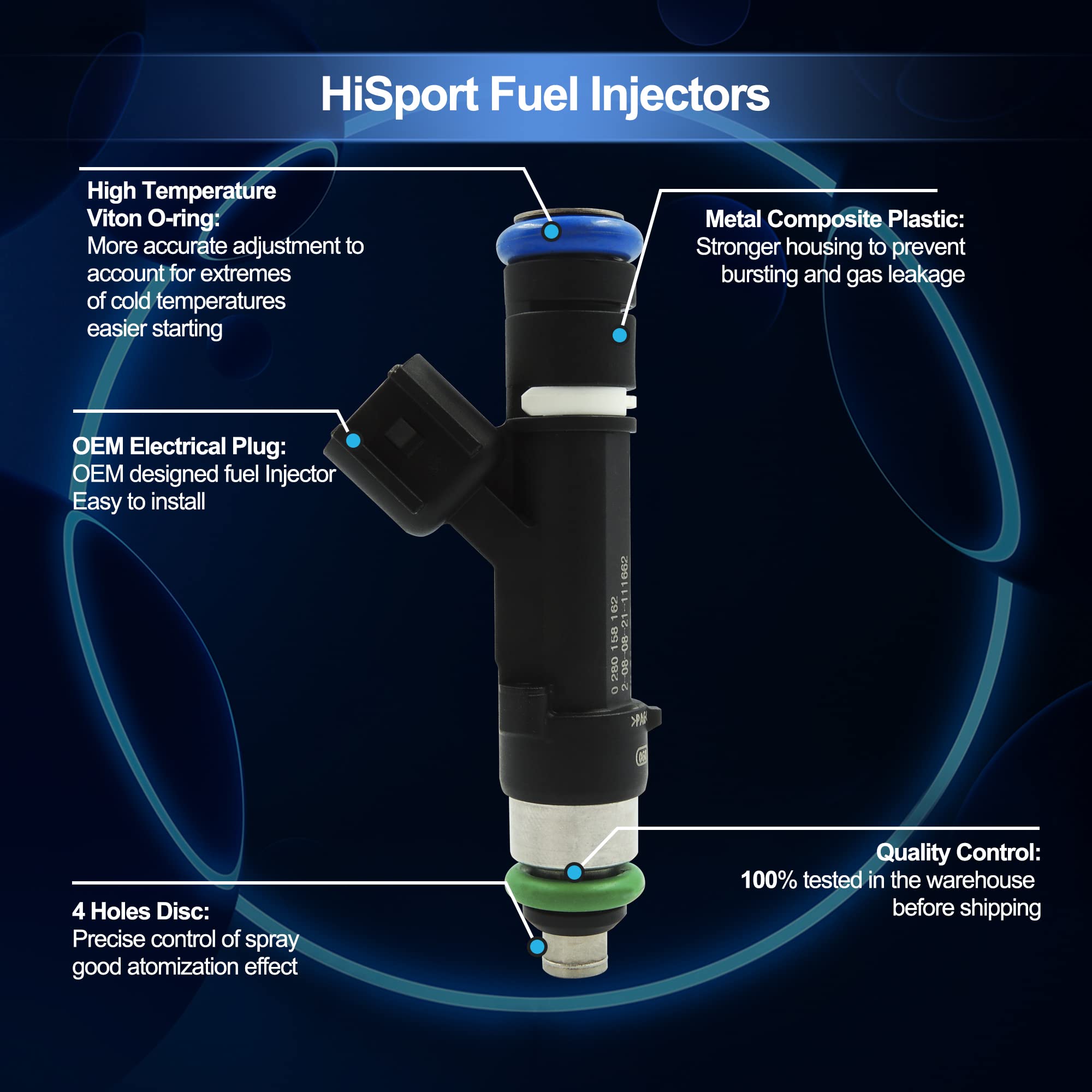 HiSport Fuel Injector 0280158162 Compatible with Ford Mazda Mercury 2.5L 4 Hole 09-18 (4 PCS/Pack) - HiSport