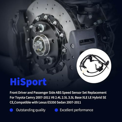 HiSport Front Driver and Passenger Side ABS Speed Sensor Set Replacement for Toyota Camry 2007-2011 V6 2.4L 2.5L 3.5L Base XLE LE Hybrid SE CE,Compatible with Lexus ES350 Sedan 2007-2011 2PCS