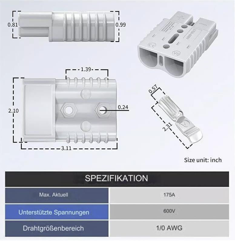 HISports Anderson-Stecker, 175 A, 600 V, Schnelltrenn-Batterieanschluss mit Hartgummikappe, modularer Stromanschluss, Anderson-Stecker-Set