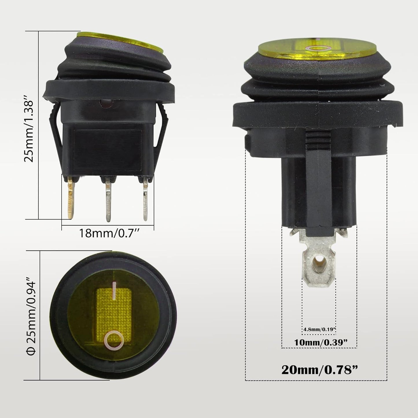HiSport KCD1-8-101NW 10PCS Waterproof Round Rocker Toggle Switch 2 Position DC 12V 20A ON-Off with LED Light SPST 3 Pins Yellow