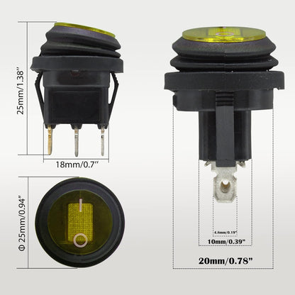 HiSport KCD1-8-101NW 10PCS Waterproof Round Rocker Toggle Switch 2 Position DC 12V 20A ON-Off with LED Light SPST 3 Pins Yellow
