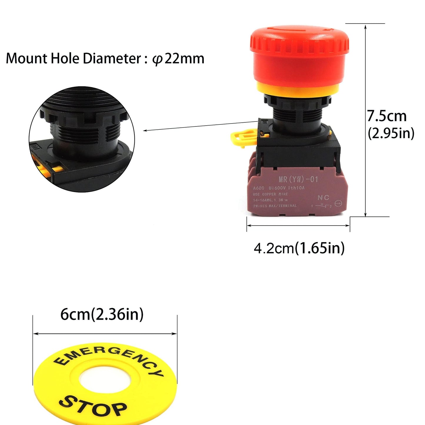 HiSport 22MM 1NC 1NO Emergency Stop Push Button Switch AC 660V 10A Red Mushroom Cap