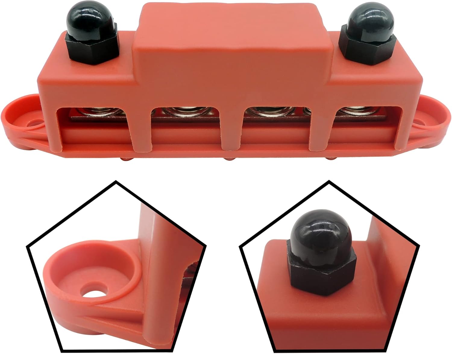 HiSport 4 Stud Power Distribution Block for Marine Bus Bar, Automotive, and Solar Wiring with Cover Bus Bar Junction Block 250A 3/8” Red & Black