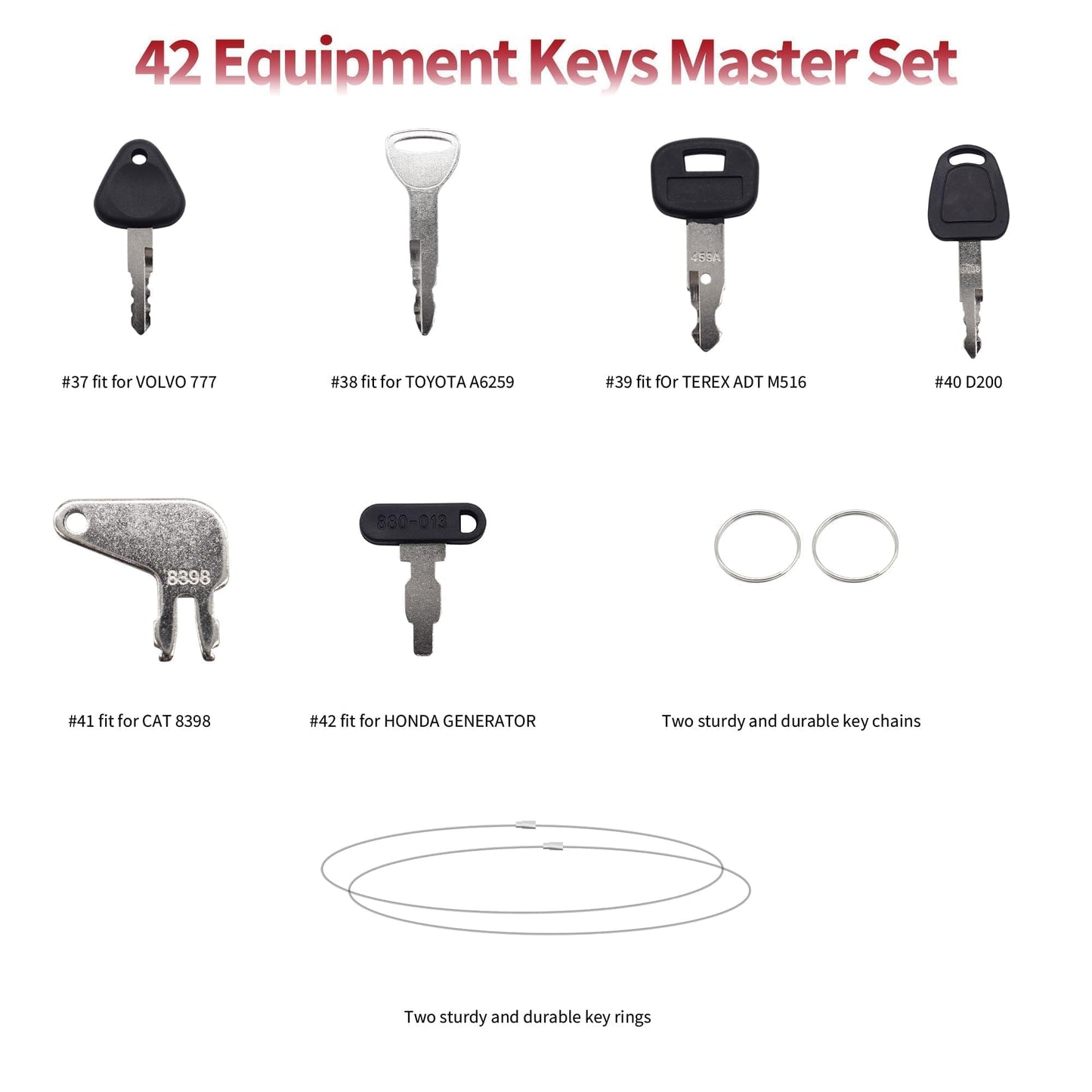 HiSport 42 Heavy Equipment Keys Master Set Compatible with Caterpillar Bobcat JD Case JLG JCB Volvo Ford New Holland Yanmar Takeuchi Kubota Toyota Hitachi
