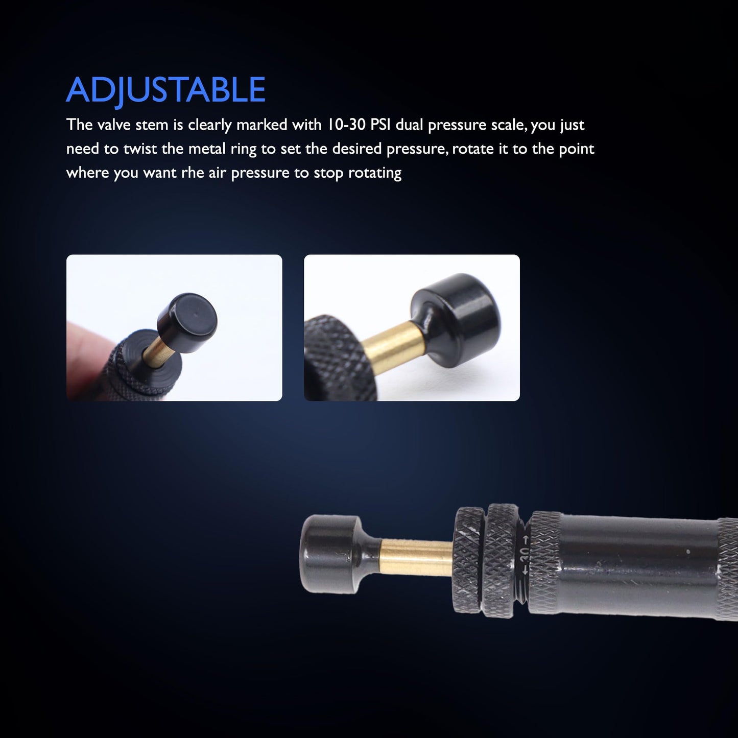 HiSport Adjustable Auto-Stop Tire Deflator Valve Kit - 4 Pcs 10-30 PSI Screw-on Tyre Air Down Tool for Offroad 4x4 Compatible with Jeeps Trucks, Motorcycles