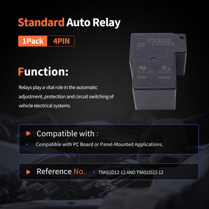 HiSport T9AS1D12-12 Power Relay 12VDC 30A SPST-NO PCB Compatible with PC Board or Panel-Mounted Applications