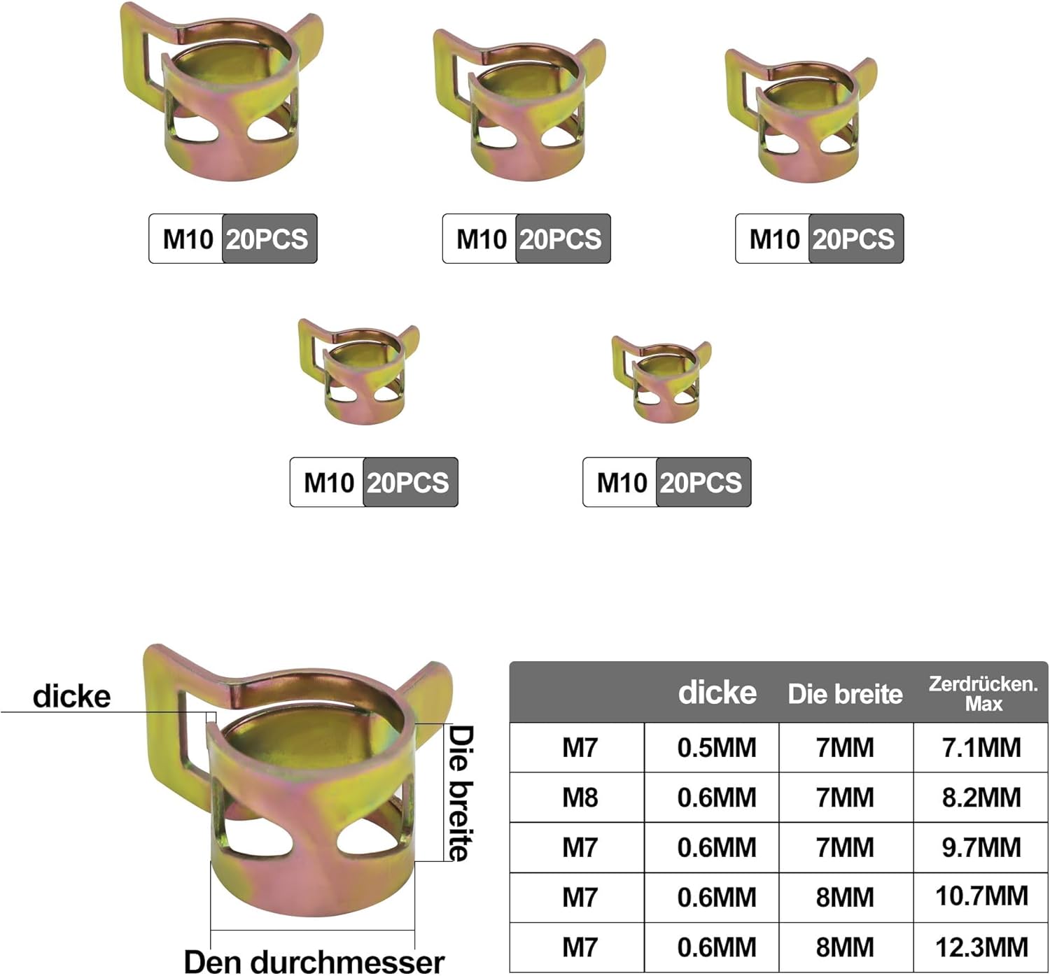 HISports 125 Stück Schlauch Federklemmen, Kraftstoffleitung Schlauchschellen Befestigung, benzinschlauch schellen-Set für Wasser-und Luftschlauch benzinschlauch - 6mm/7mm/8mm/9mm/10mm, Kit Lagerung