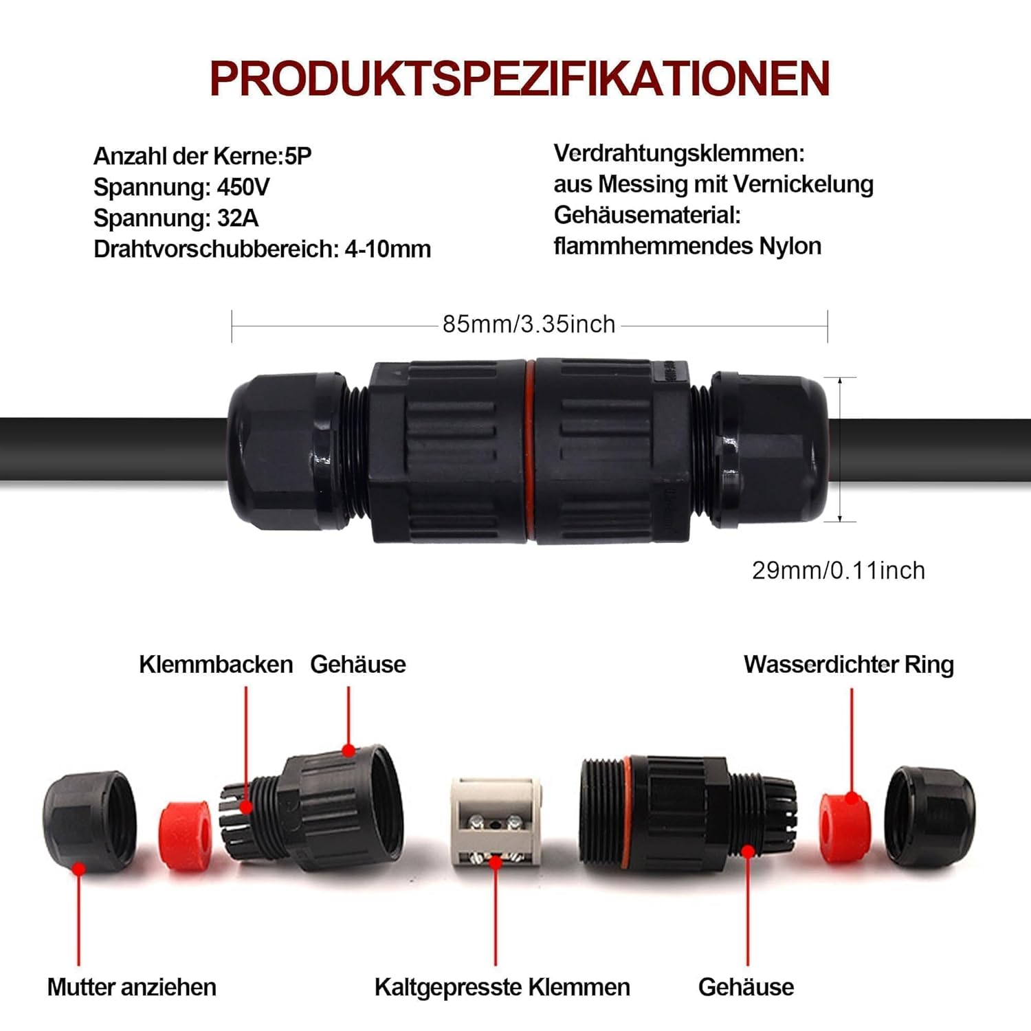 HISports Wasserdichter Kabelstecker, IP68 5-polig, für Kabel Ø 4-10 mm, Abzweigdose, Outdoor wasserdicht, Caravan, Garten, Boot, Auto, unterirdische Kabelabzweigdose, schwarz 3 Stück