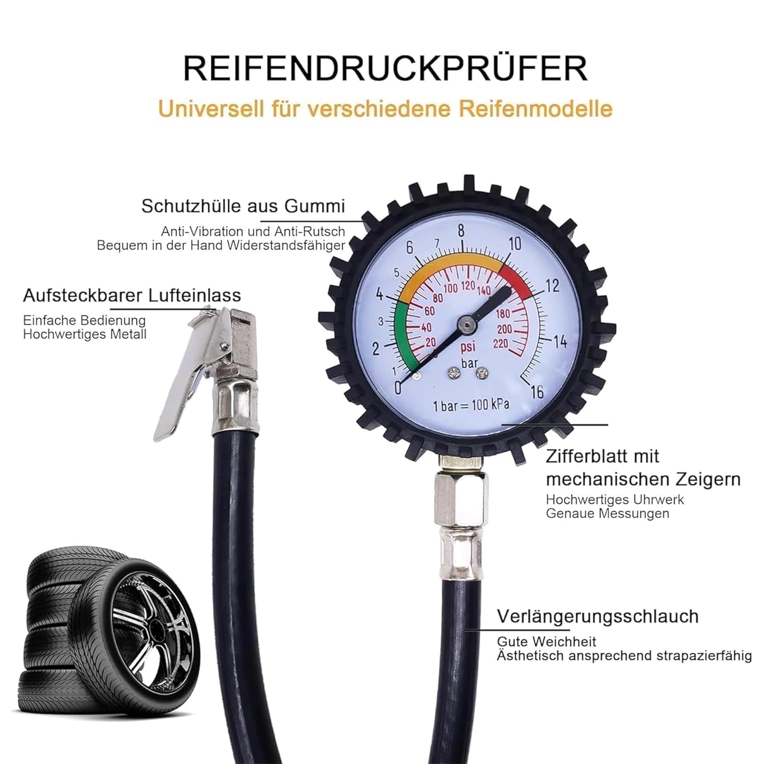 HISports Reifendruckprüfer luftdruckprüfer Universelle Reifendruckmesser Präzision Reifendruck Messgerät Kompatibel mit Geländewagen, Transporter, Auto, Fahrrad und Motorrad