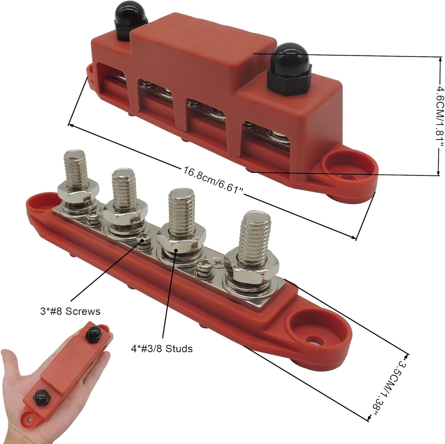 HiSport 4 Post Power Distribution Block Bus Bar with Cover - Robust Marine, Automotive, and Solar Wiring, 250A Capacity in 3/8" Red & Black