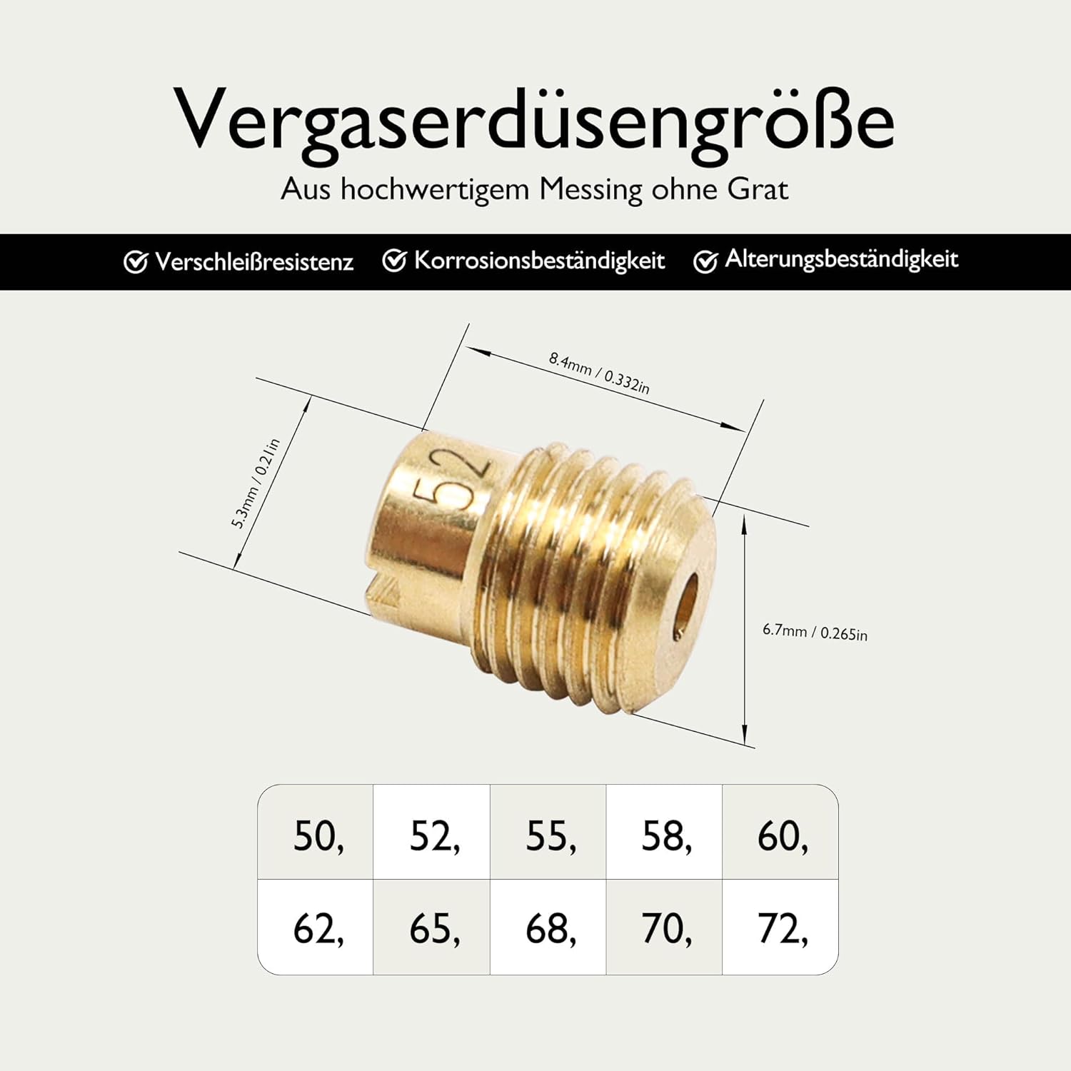 HISports Hauptdüsenset 50 bis 72 Vergaser Düsenset 50-72 für Gurtner Vergaser kompatibel für 7x0,75 Kawasaki FCR Vergaser WH100T scr 100 cc 10 Stück