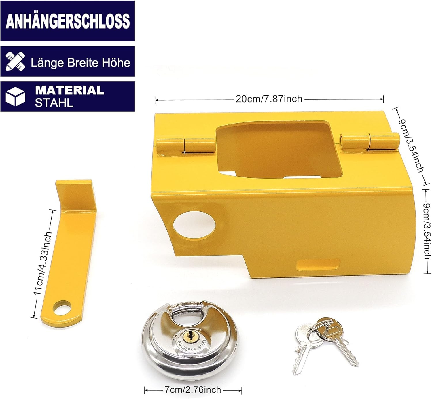 HISports Anhängerschloss Deichselabdeckung,Kastenschloss mit 2 Schlüsseln Anhängerschloss Deichselabdeckung für Gängige Kupplungen，Verzinktes und Pulverbeschichtetes Deichselschloss 20 * 9 * 9 cm