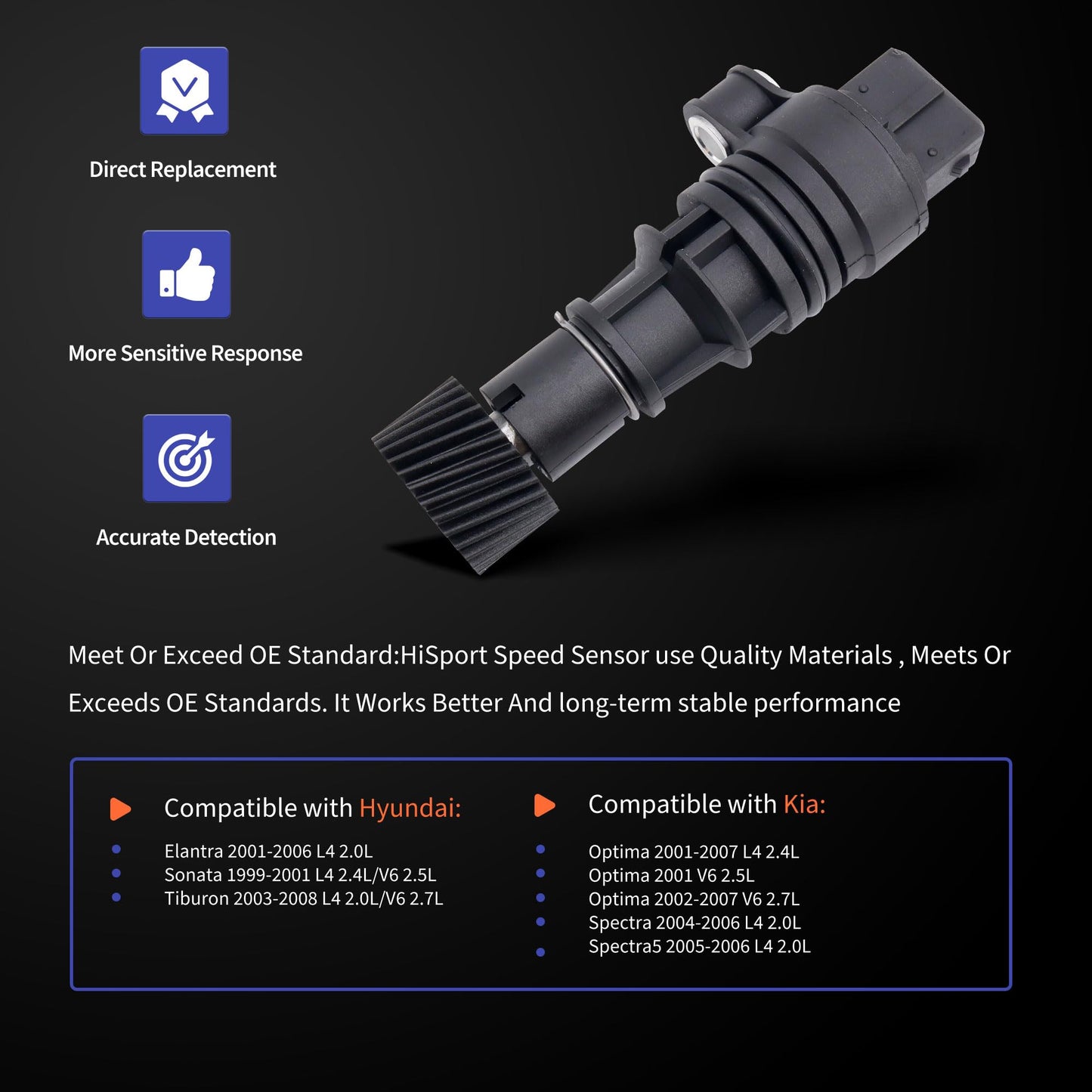 HiSport Transmission Output Speed Sensor Compatible with Hyundai Tiburon 2006-2008 Sonata 1999-2000 Elantra 2001-2006 Kia Optima 2001-2007 Spectra 2005 Replaces B113802020CA
