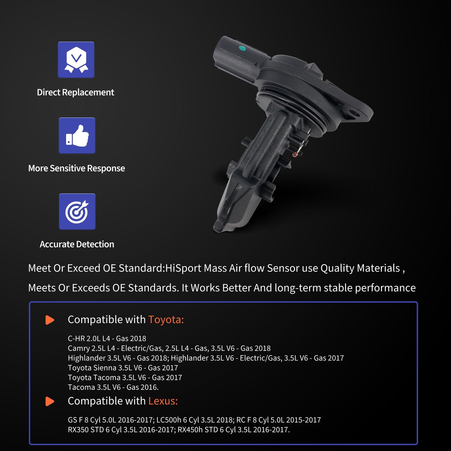 HiSport 22204-75040 Mass Air Flow Sensor Meter MAF Compatible with Toyota Tacoma Highlander Sienna 3.5L Replacement for Lexus 2016-2017 RX350 RX450h 3.5L, 197500-0020 MAS0447 AF10658