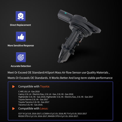 HiSport 22204-75040 Mass Air Flow Sensor Meter MAF Compatible with Toyota Tacoma Highlander Sienna 3.5L Replacement for Lexus 2016-2017 RX350 RX450h 3.5L, 197500-0020 MAS0447 AF10658