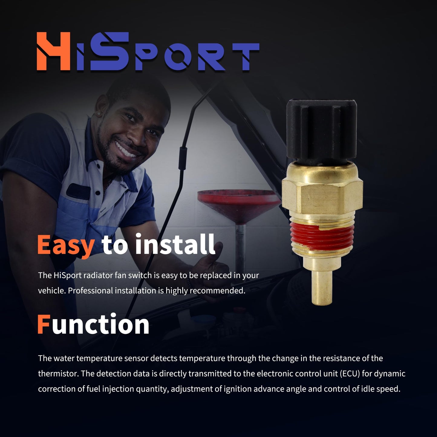 HiSport Engine Coolant Temperature Sensor - Compatible with Genesis Hyundai Accent Elantra Sonata Tiburon Kia Forte Rio Rondo Soul Replaces 39220-38030