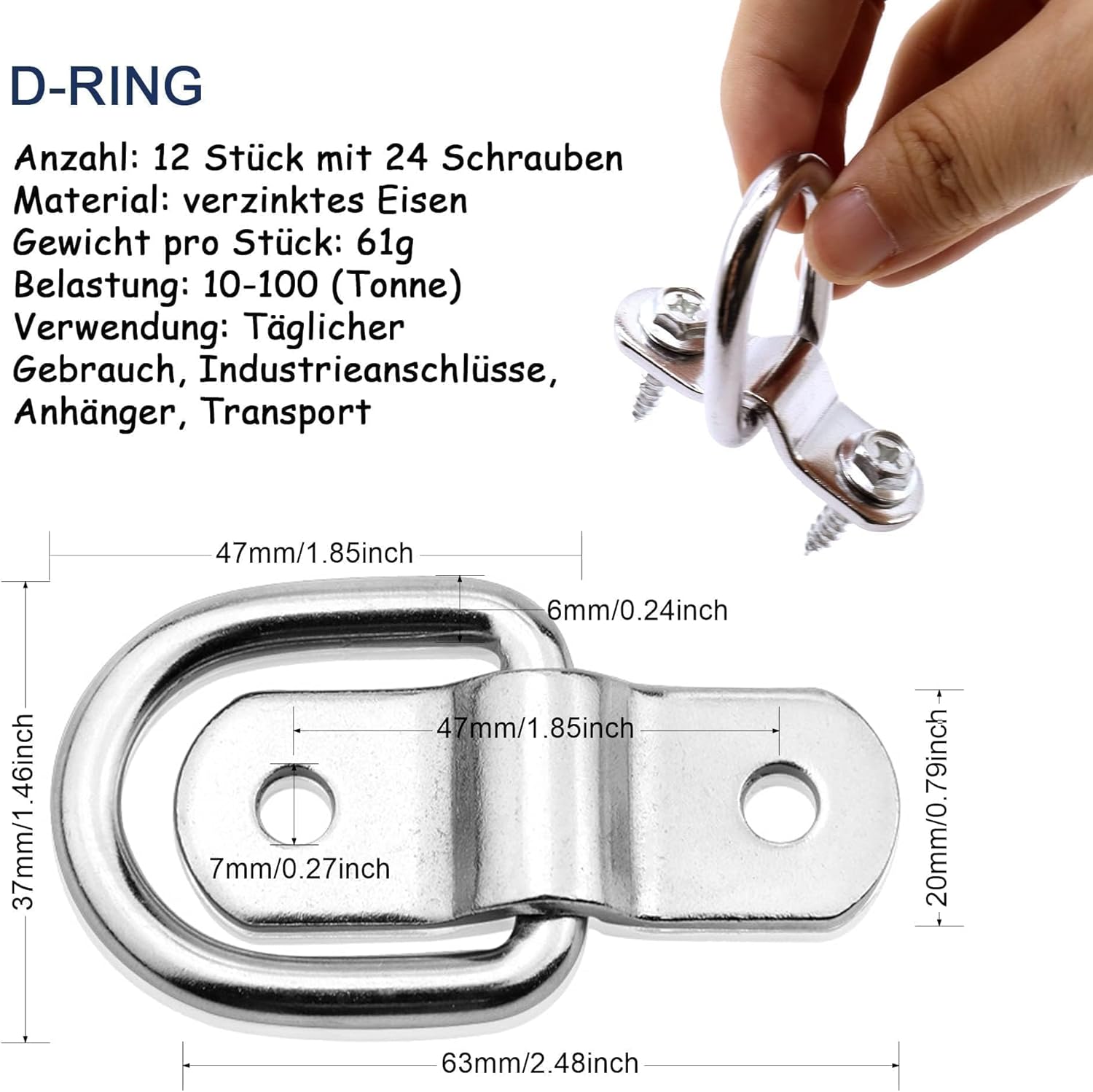 HISports D-Ring-Edelstahl-Krawatten Set, 12 Stück, Edelstahl-Struktur Ring-D-Ring, Anhänger-Befestigungsösen, Anhänger-Zubehör mit 24 Schrauben für Anhänger, LKW, Bootszubehör, Kfz-Spanngurte