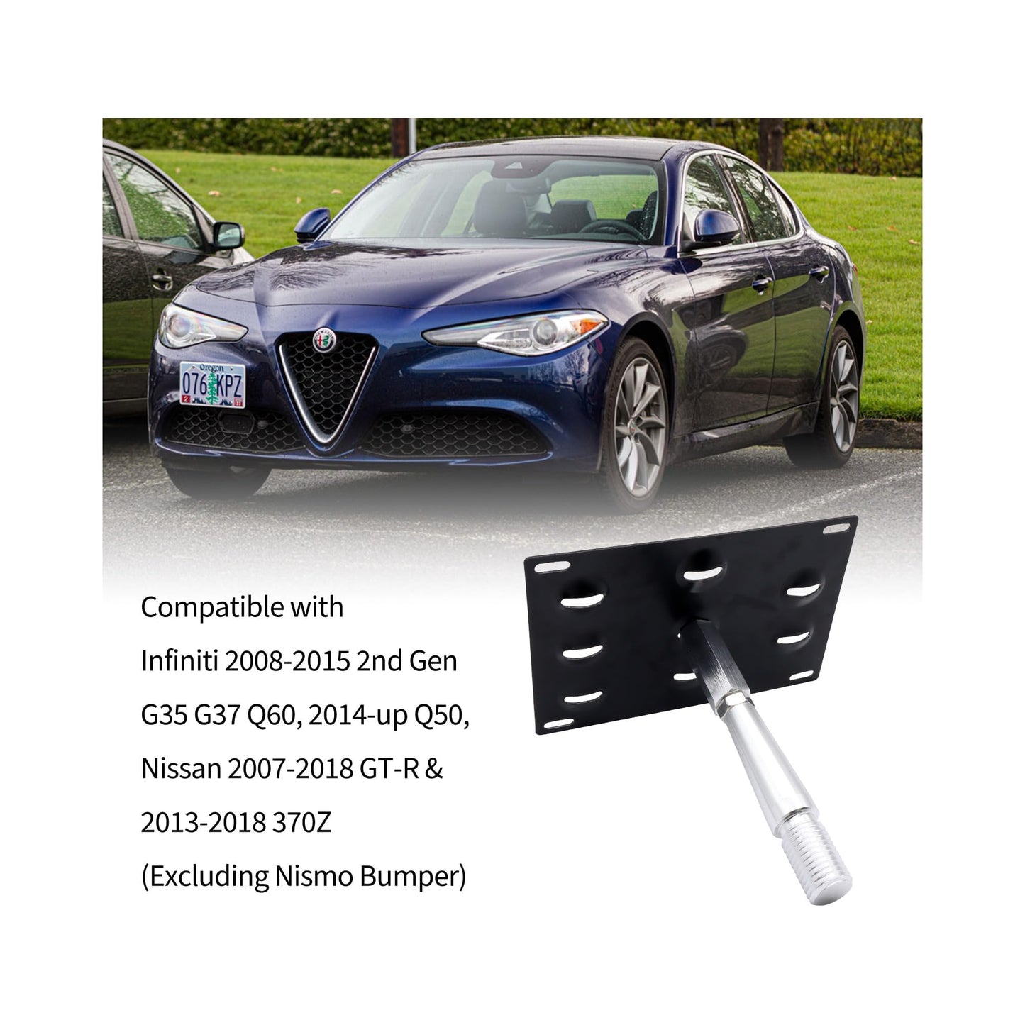 HiSport No Drill Front Bumper Tow Hook License Plate Mounting Bracket Adapter Kit Compatible with Infiniti G35 G37 Q60 2008-2015, Infiniti Q50 2014-up, Nissan GT-R 2007-2018 & Nissan 370Z 2013-2018