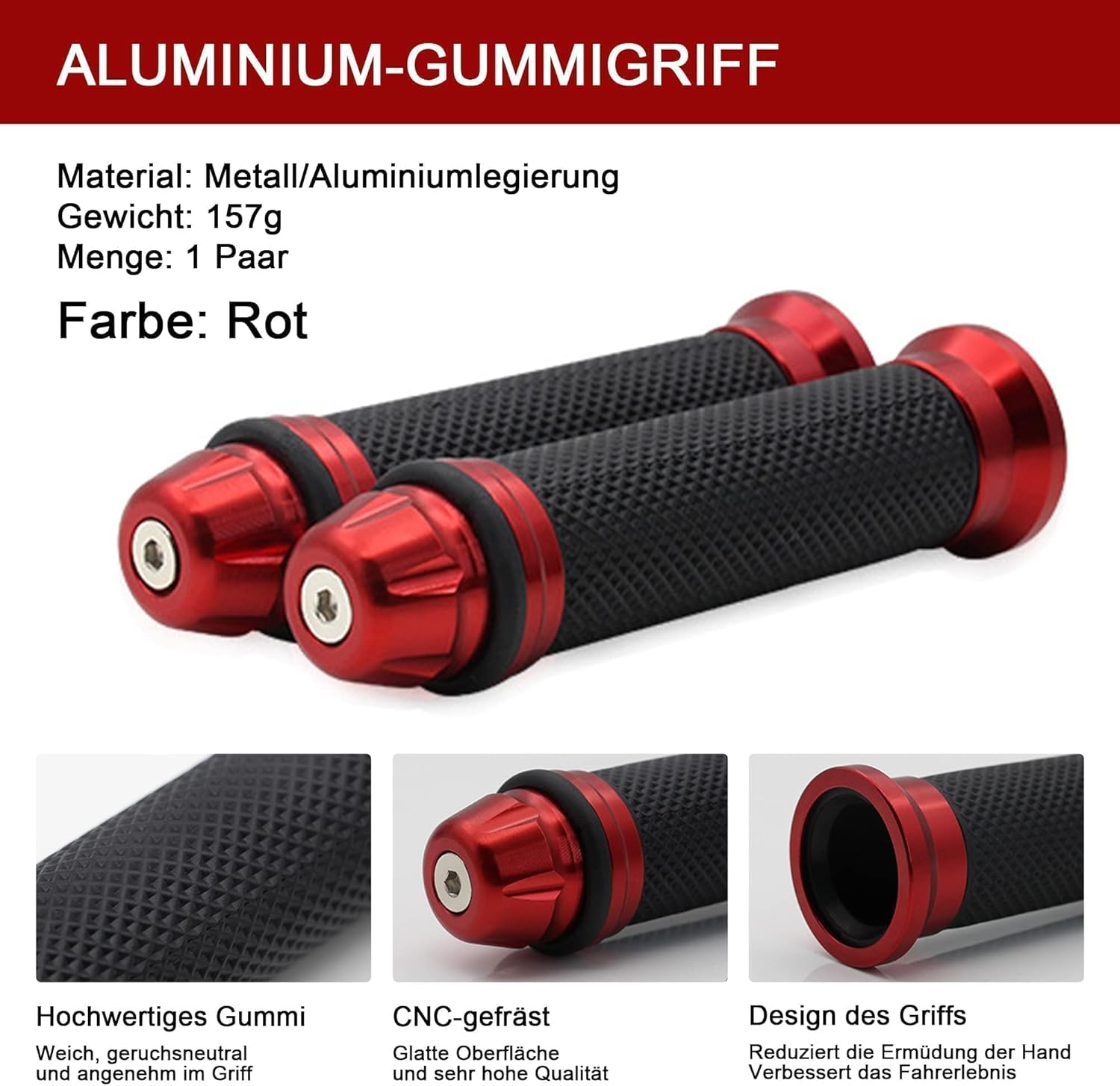 HISports Universal Motorrad Lenkergriffe Griffe 22 mm - 24 mm (7/8 / 1 Zoll), Anti-Rutsch Motorradgriffe Hochwertige Gummi Griffe aus CNC Aluminium, ROT