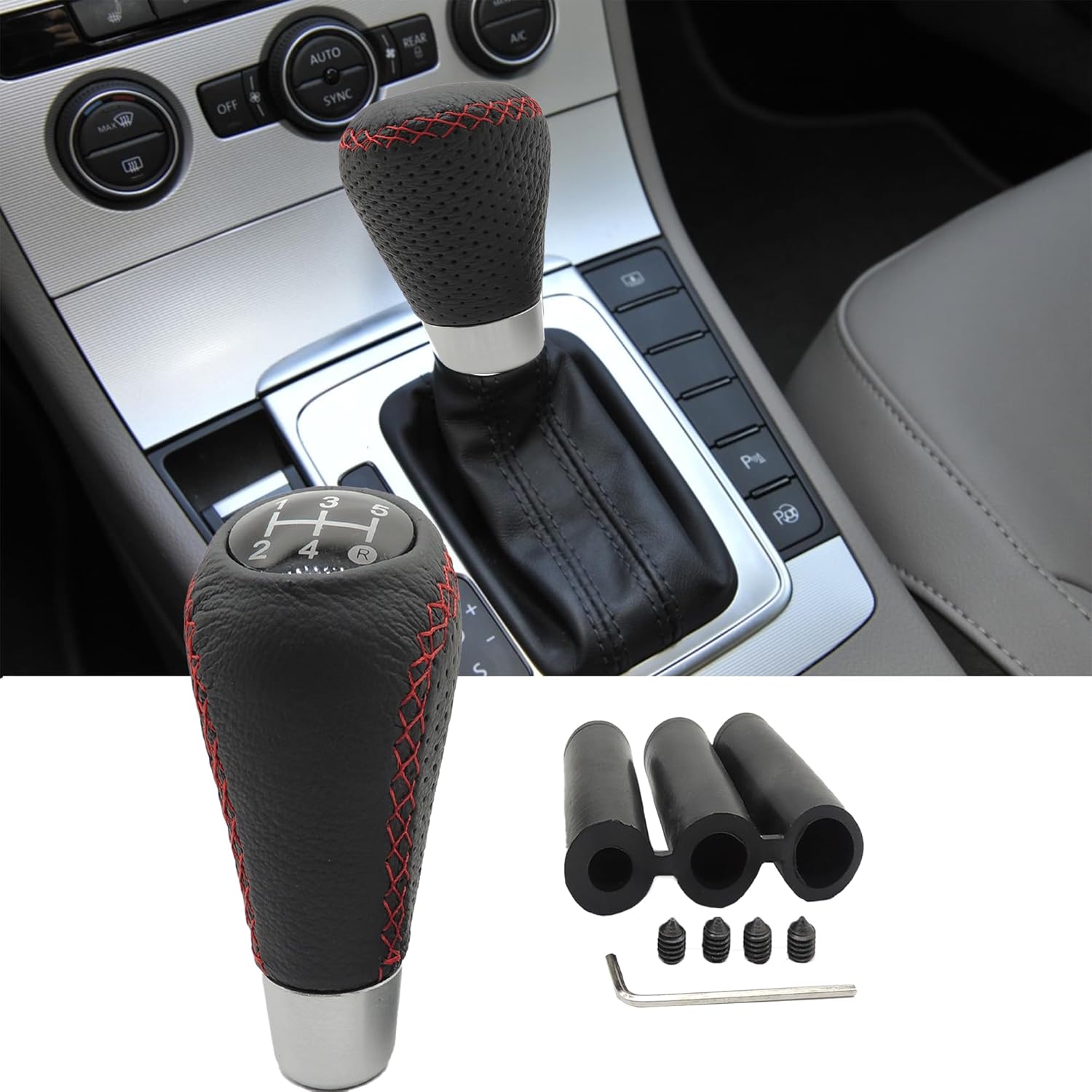 HiSport Gear Shifter Knobs 5 Speed Manual Stick Shift Handle Leather Car Shift Knob with 3 Adapters of Manual Gear Shift Knob for Manual Car Manual Transmission