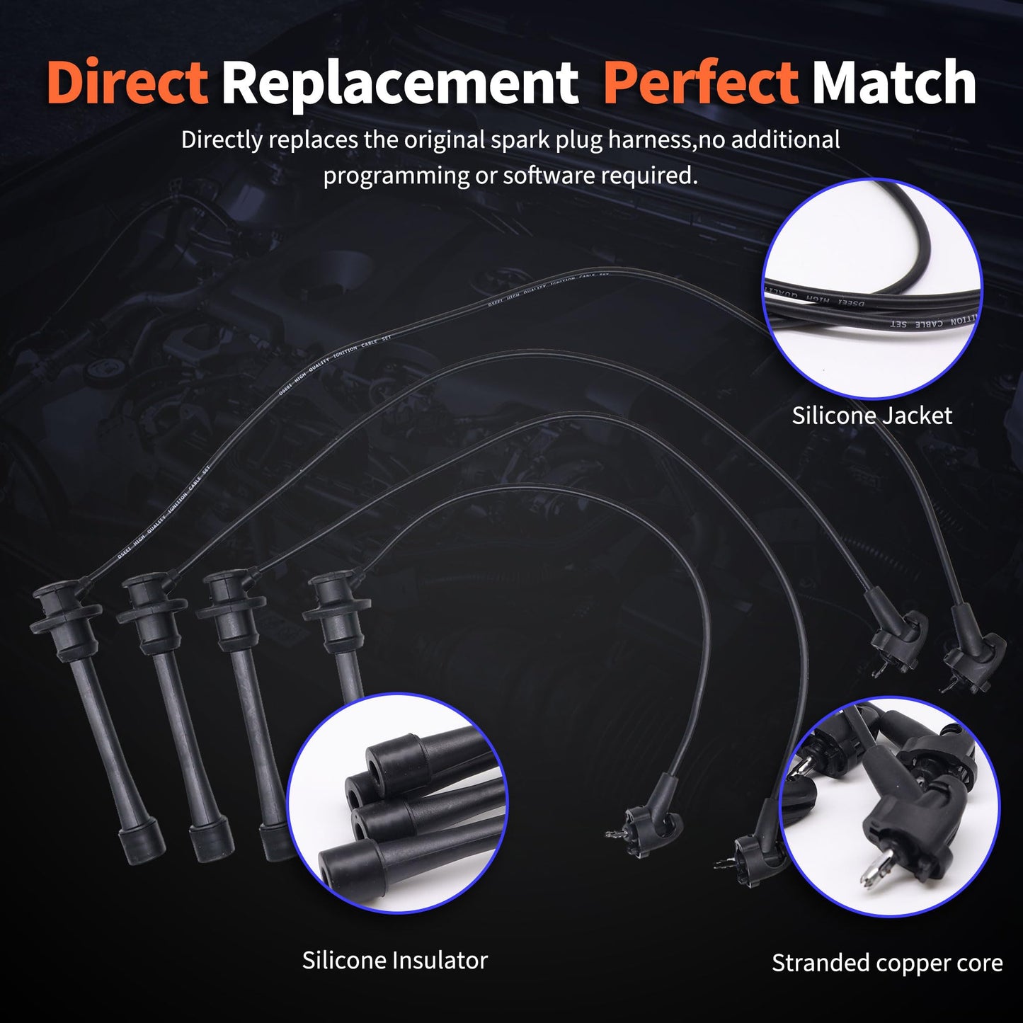 HiSport Spark Plug Wire Set - 671-4146 Replacement for Toyota Camry 1997-2001 2.2L, Solara 2.2L 1999-2001,RAV4 1998-2000 2.0L L4 Replace UF180