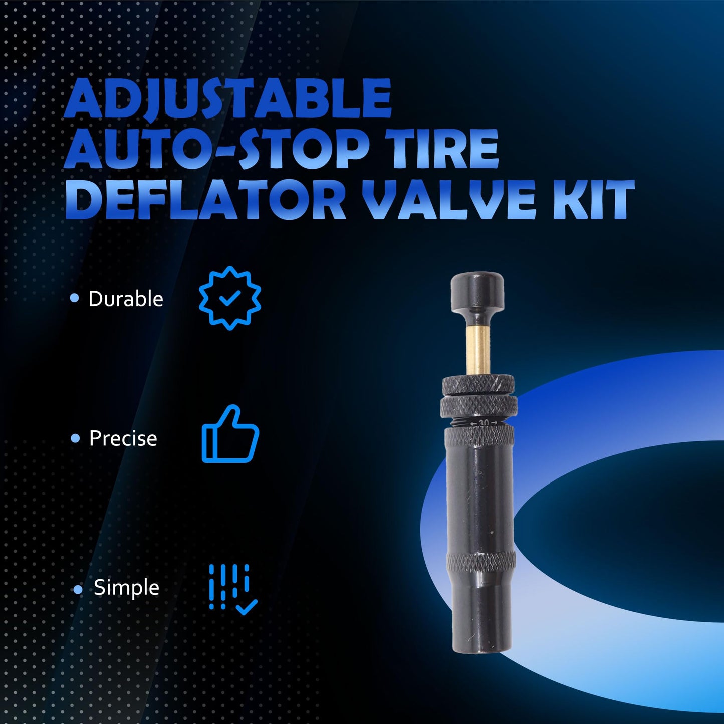 HiSport Adjustable Auto-Stop Tire Deflator Valve Kit - 4 Pcs 10-30 PSI Screw-on Tyre Air Down Tool for Offroad 4x4 Compatible with Jeeps Trucks, Motorcycles