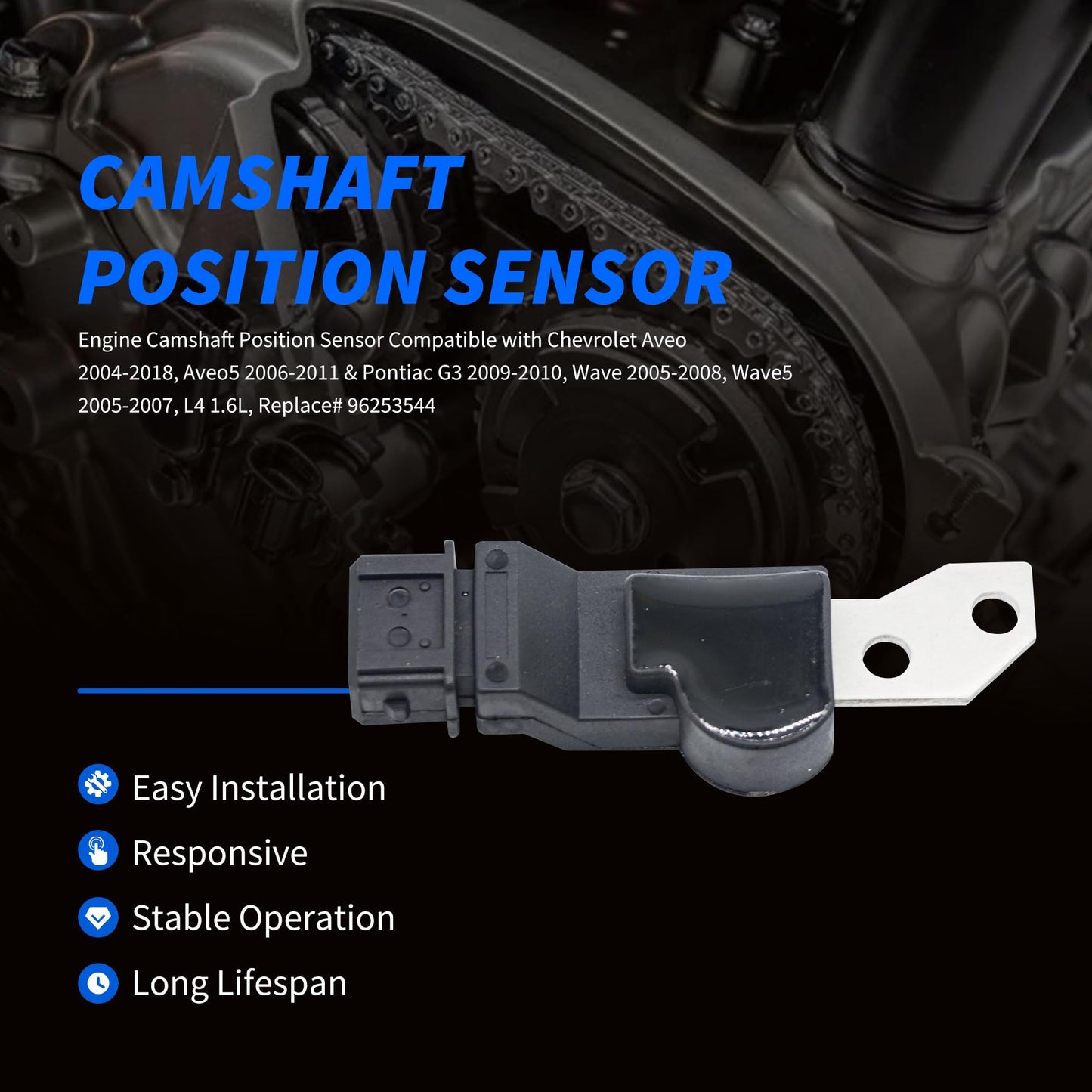 HiSport 96253544 Engine Camshaft Position Sensor Compatible with Chevrolet Aveo 2004-2018, Aveo5 2006-2011 & Pontiac G3 2009-2010, Wave 2005-2008, Wave5 2005-2007, L4 1.6L Replacement Part