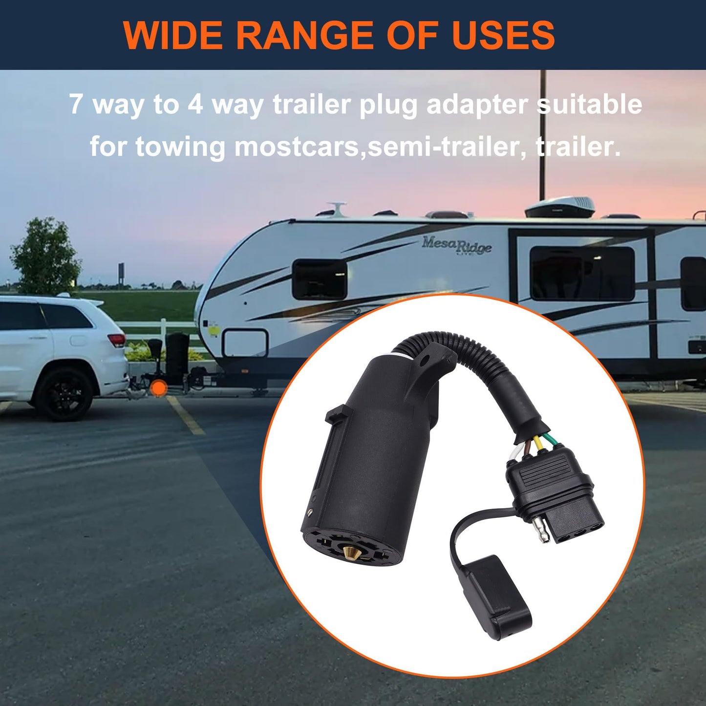 HiSport 7 Way Blade to 4 Way Flat Trailer Adapter Rv Trailer Connector Used in Most Vehicles Including Caravan and RVs
