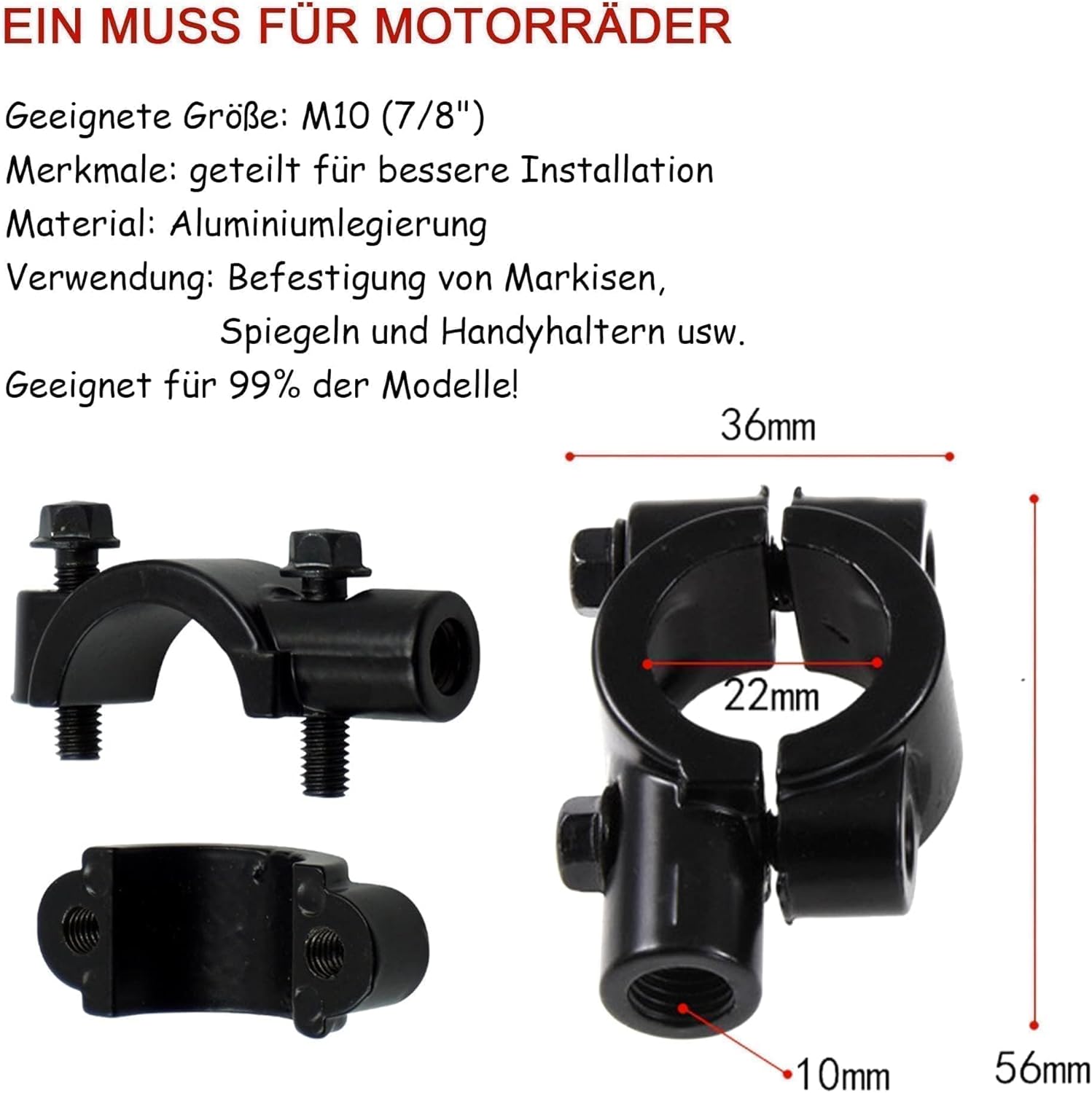 HISports 2 Stücke Spiegelhalterung Motorrad, M10 7/8 Motorrad Rahmen, Aluminium Motorrad lenkerhalterung für 22mm Lenker universal Kompatibel mit Fahrrad, Dirt Bike, ATV (schwarz)