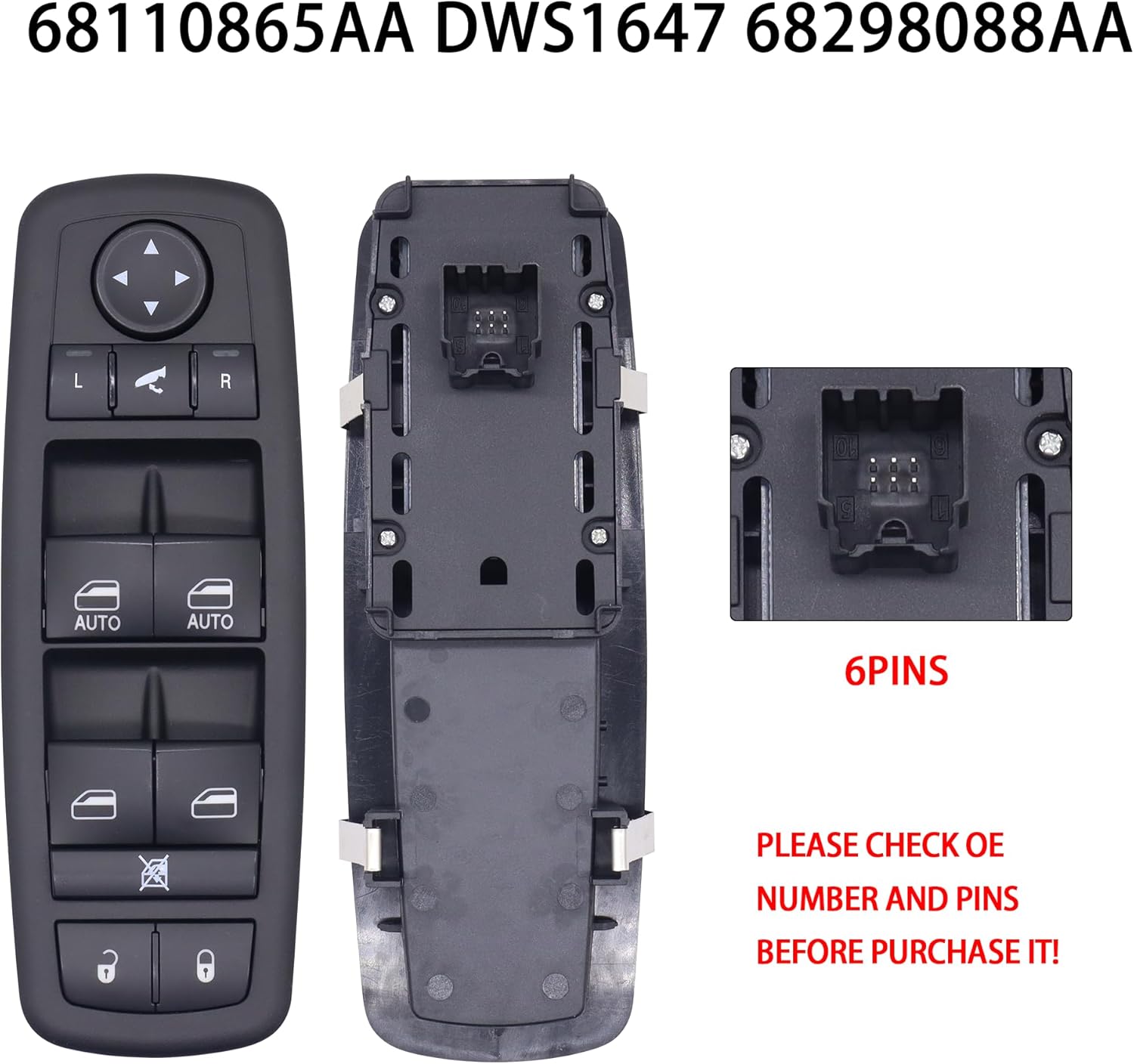 HiSport Window Switch Driver Side - Compatible with Chrysler Town & Country 2014-2016 Dodge Grand Caravan 2014-2016 - Power Window Switch Front Left Driver Side 6 PINS Replace 68110865AA