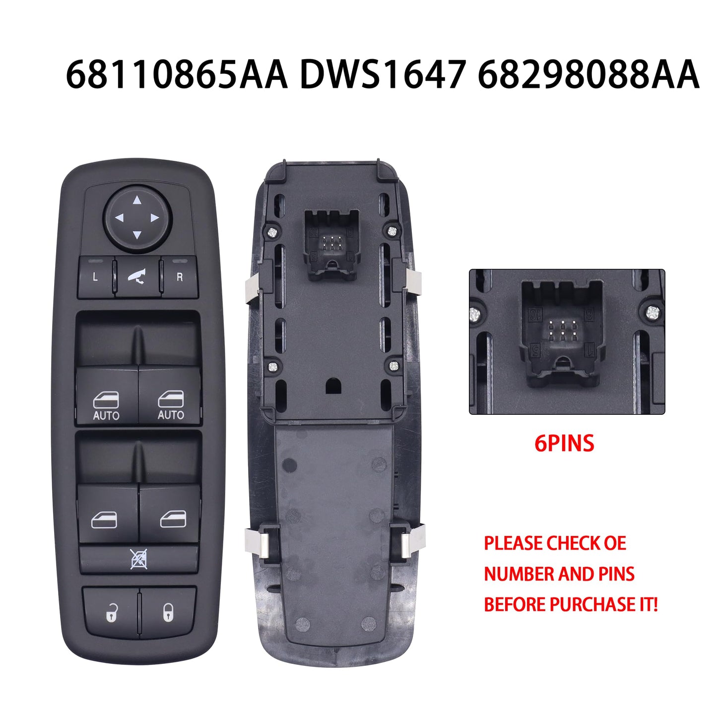 HiSport 68110865AA Power Window Switch Front Right Passenger Side 6 PINS - Compatible with Ram 1500 Classic 2500 3500 C/V Dodge Grand Caravan Chrysler Town & Country 2013-2020