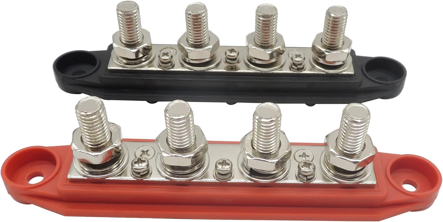 HiSport 4 Stud Power Distribution Block for Marine Bus Bar, Automotive, and Solar Wiring with Cover Bus Bar Junction Block 250A 3/8” Red & Black