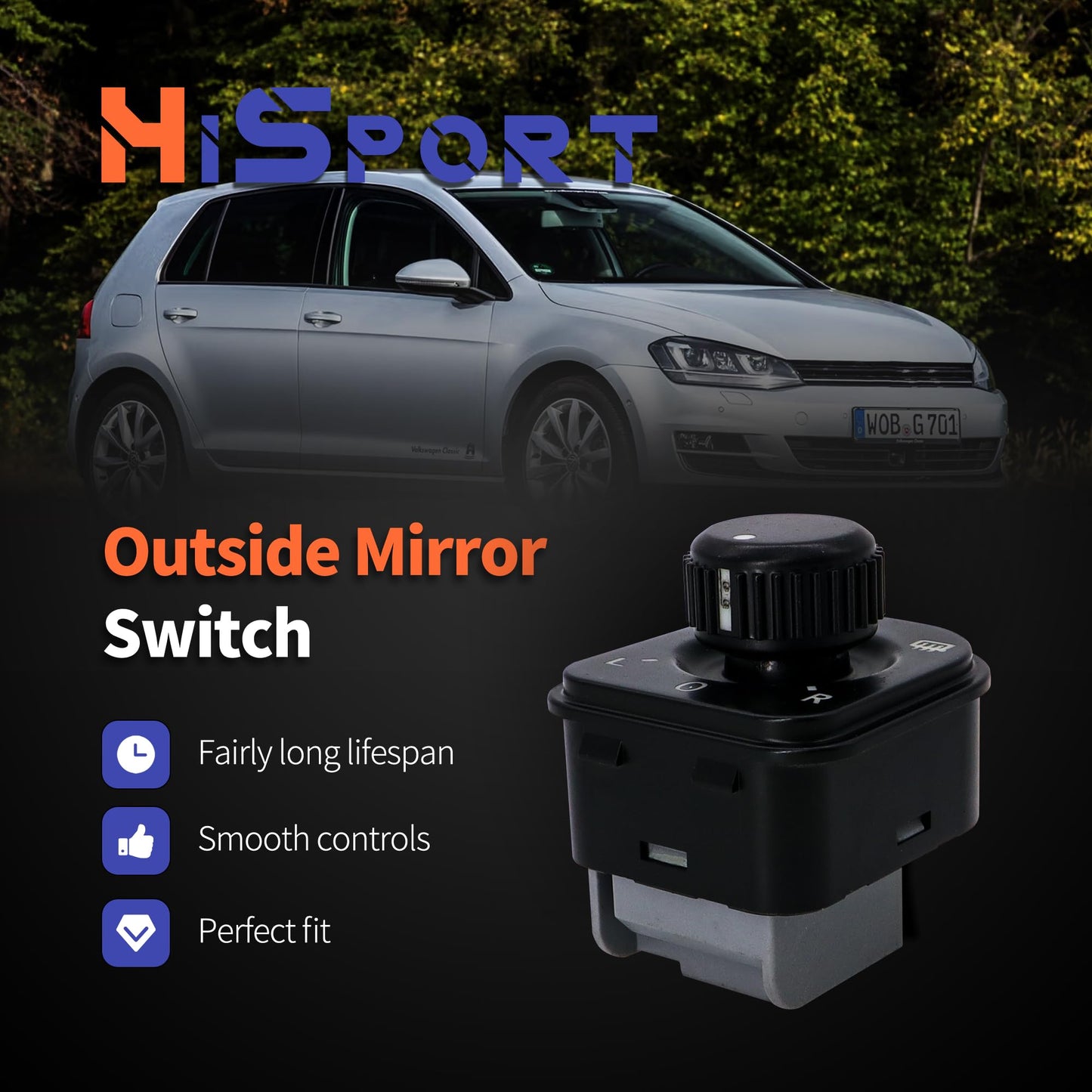 HiSport 1K0959565KREH Side Exterior Mirror Switch - Compatible with Volkswagen Eos Golf GTI Jetta Passat CC Rabbit Tiguan 2005-2015