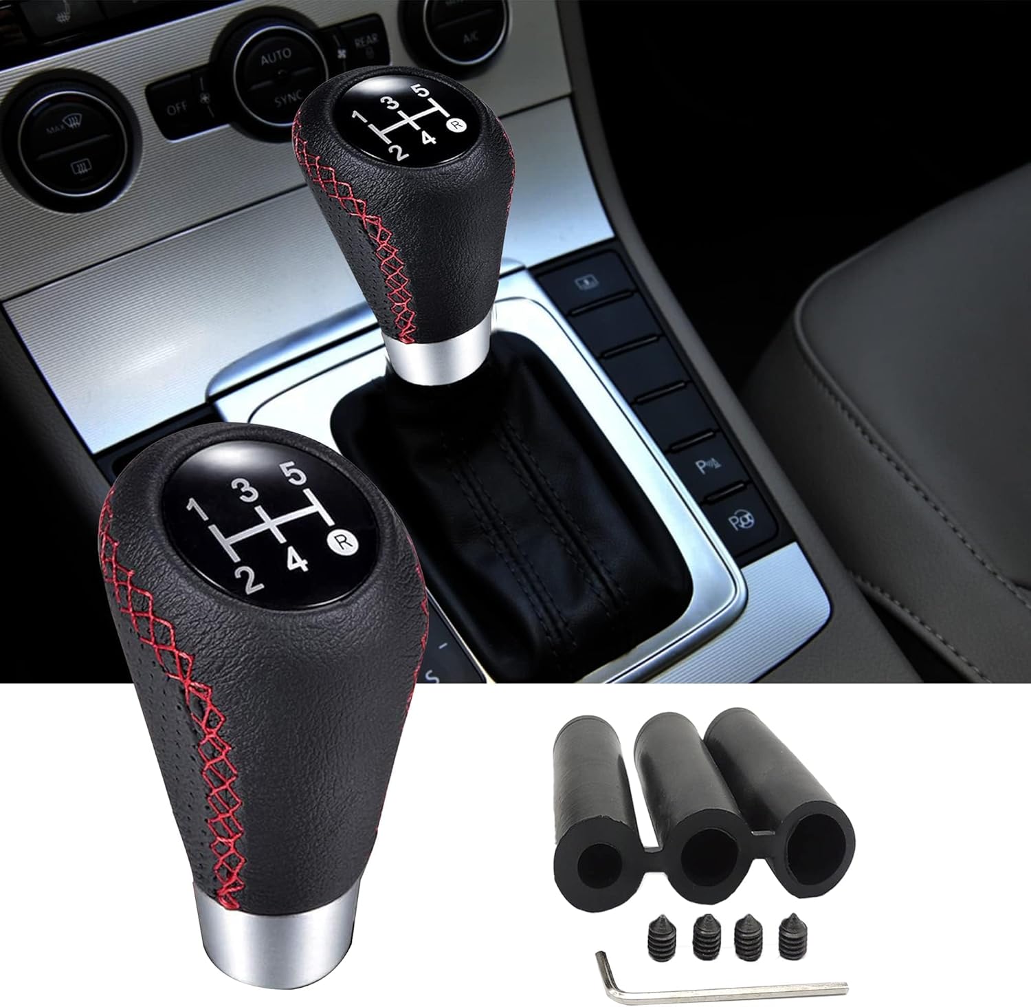 HISports Car Gear Shift Knob 5 Speed, Universal Leather Gear Shift Lever Manual Gear Stick Knob with 3 Hoses 8mm 10mm 12mm Manual Shift Lever Suitable for Most Manual Automotive Vehicles