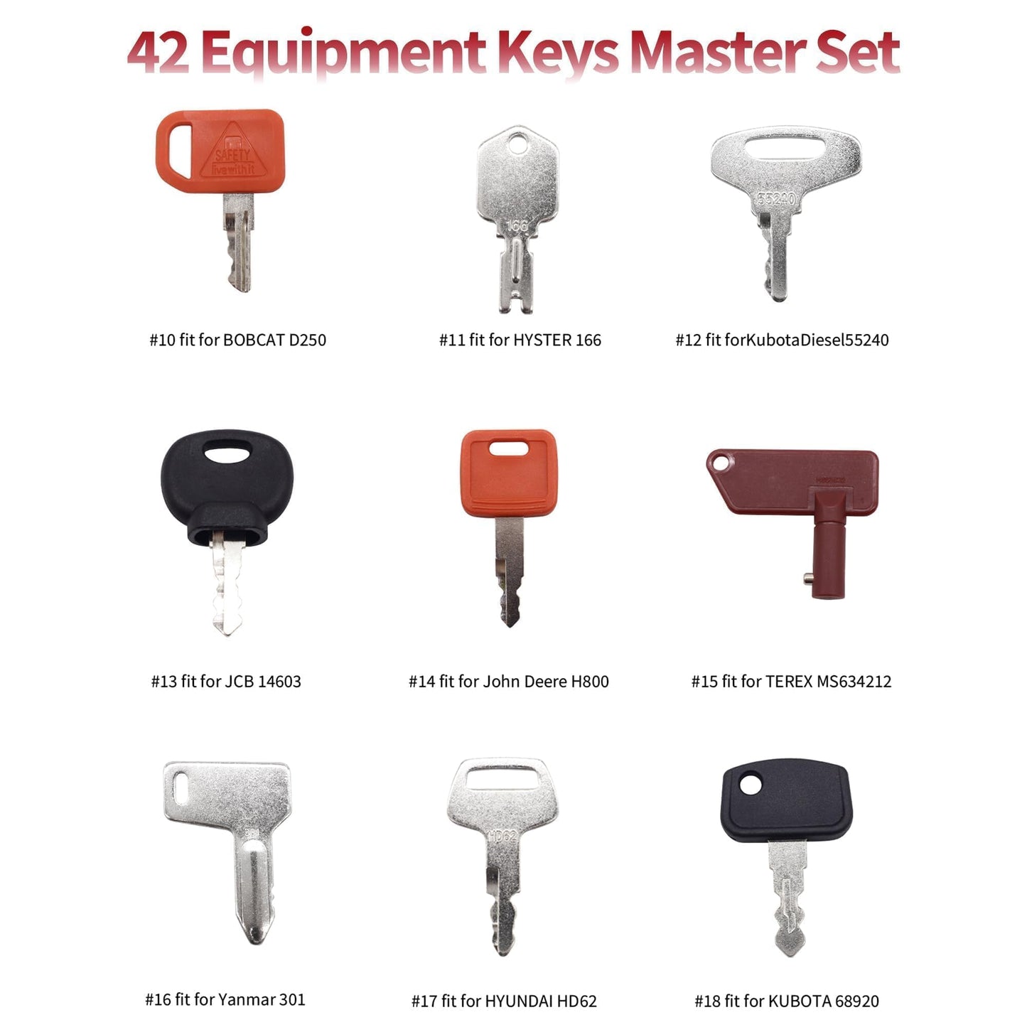 HiSport 42 Heavy Equipment Keys Master Set Compatible with Caterpillar Bobcat JD Case JLG JCB Volvo Ford New Holland Yanmar Takeuchi Kubota Toyota Hitachi