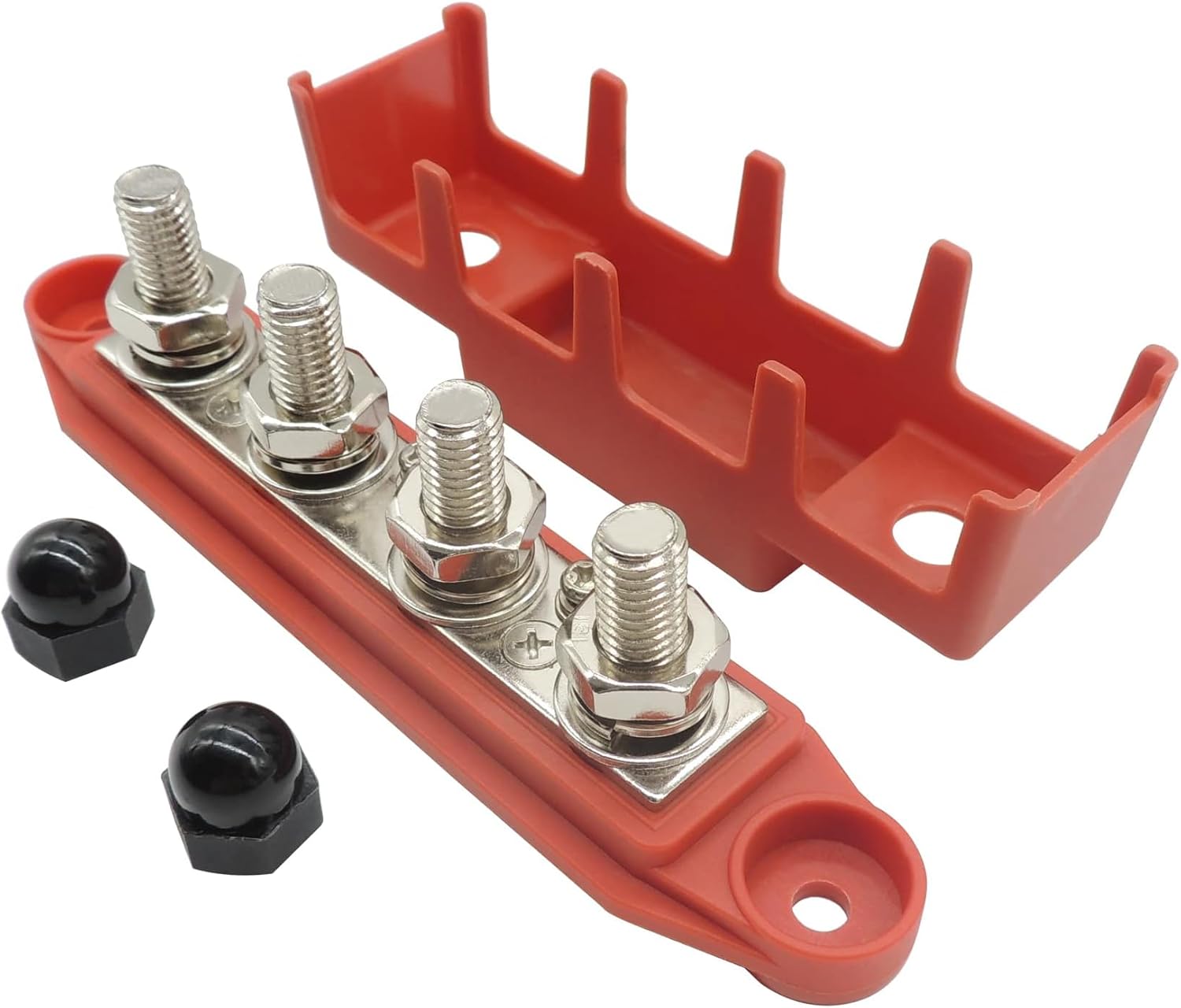 HiSport 4 Stud Power Distribution Block for Marine Bus Bar, Automotive, and Solar Wiring with Cover Bus Bar Junction Block 250A 3/8” Red & Black