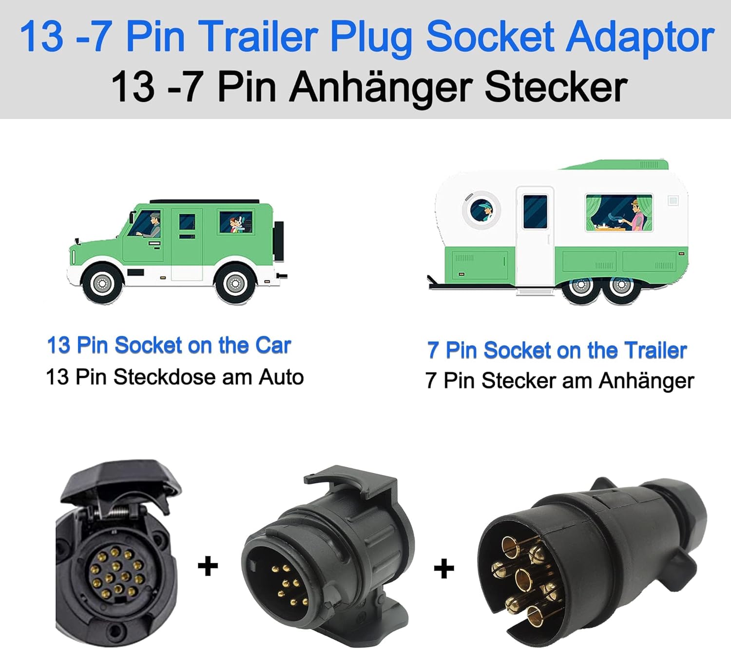 HISports 13 Pin To 7 Pin Towing Adaptor with Parking Cover 12V Waterproof 13 Pin to 7 Pin Trailer Adapter 13 to 7 Pin Plug Trailer Adapter for Caravan Trailer Semitrailer Towing Bar