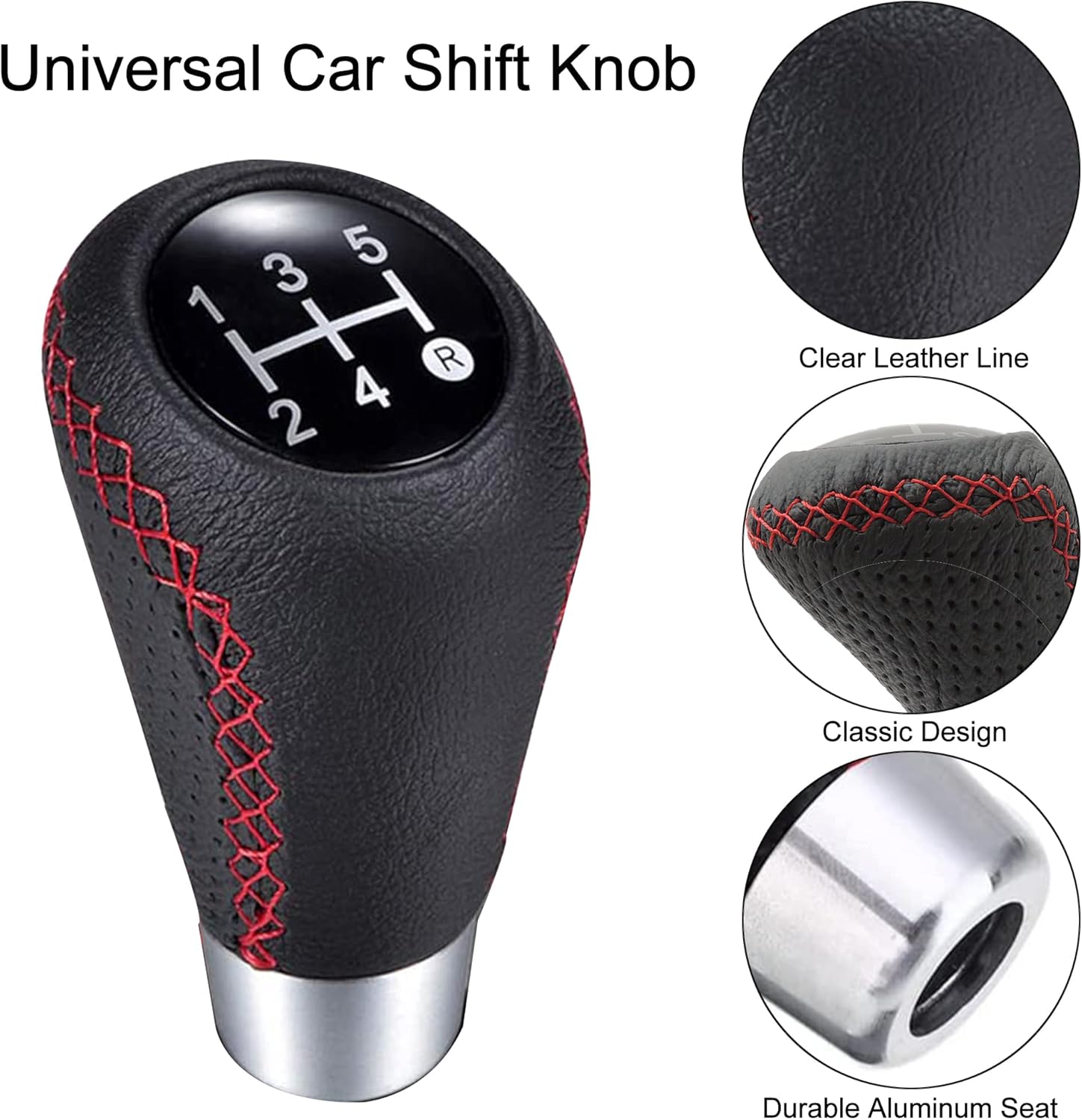 HiSport Gear Shifter Knobs 5 Speed Manual Stick Shift Handle Leather Car Shift Knob with 3 Adapters of Manual Gear Shift Knob for Manual Car Manual Transmission