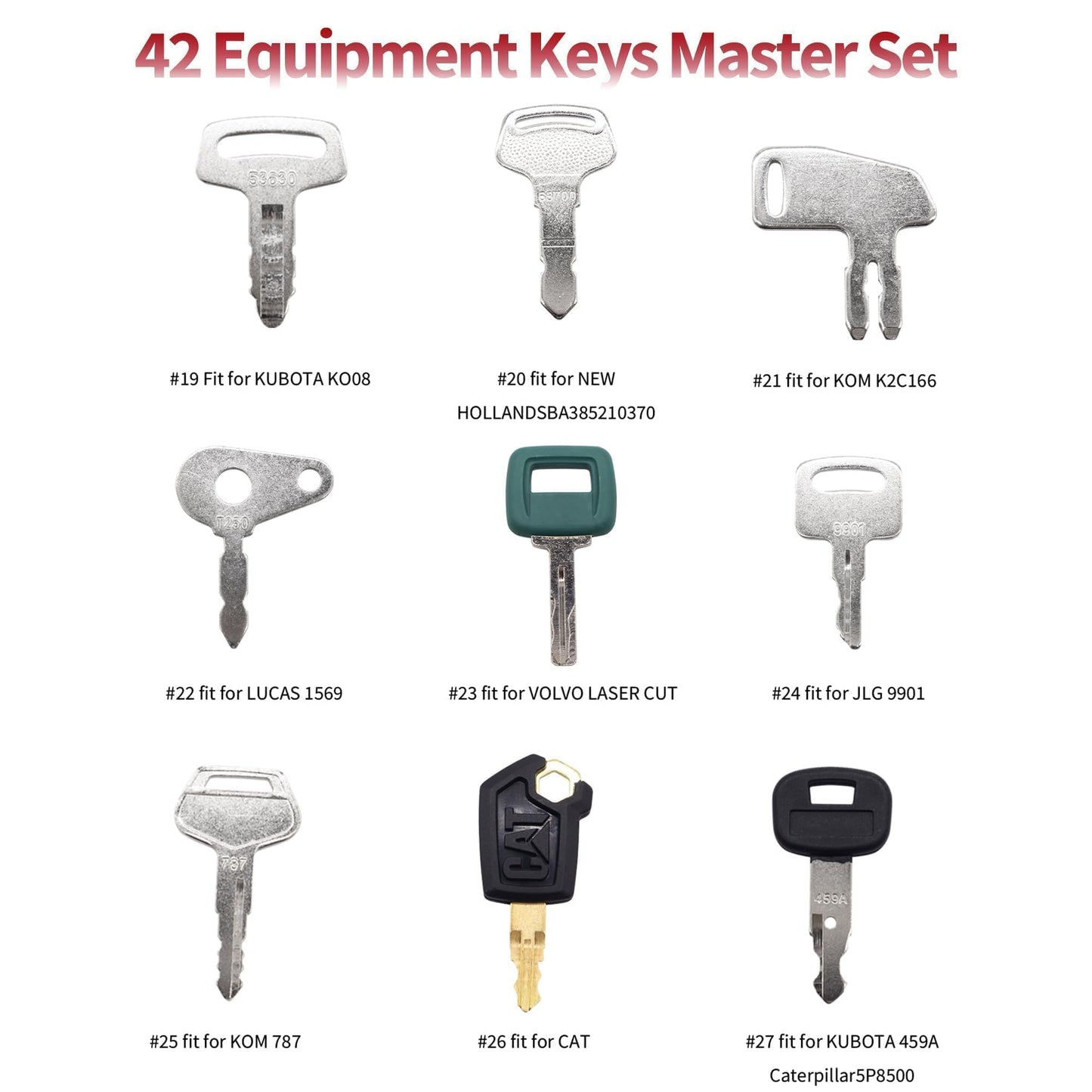 HiSport 42 Heavy Equipment Keys Master Set Compatible with Caterpillar Bobcat JD Case JLG JCB Volvo Ford New Holland Yanmar Takeuchi Kubota Toyota Hitachi