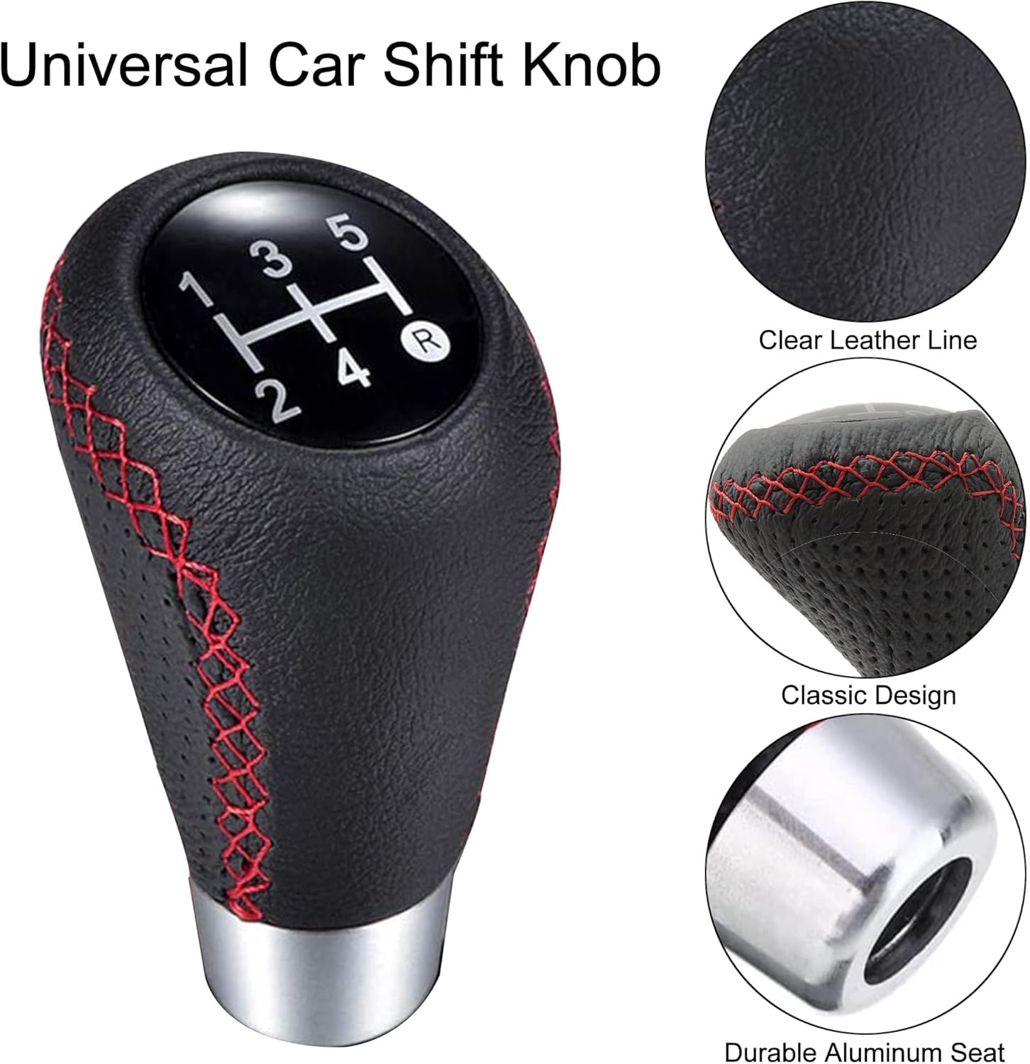 HISports Car Gear Shift Knob 5 Speed, Universal Leather Gear Shift Lever Manual Gear Stick Knob with 3 Hoses 8mm 10mm 12mm Manual Shift Lever Suitable for Most Manual Automotive Vehicles