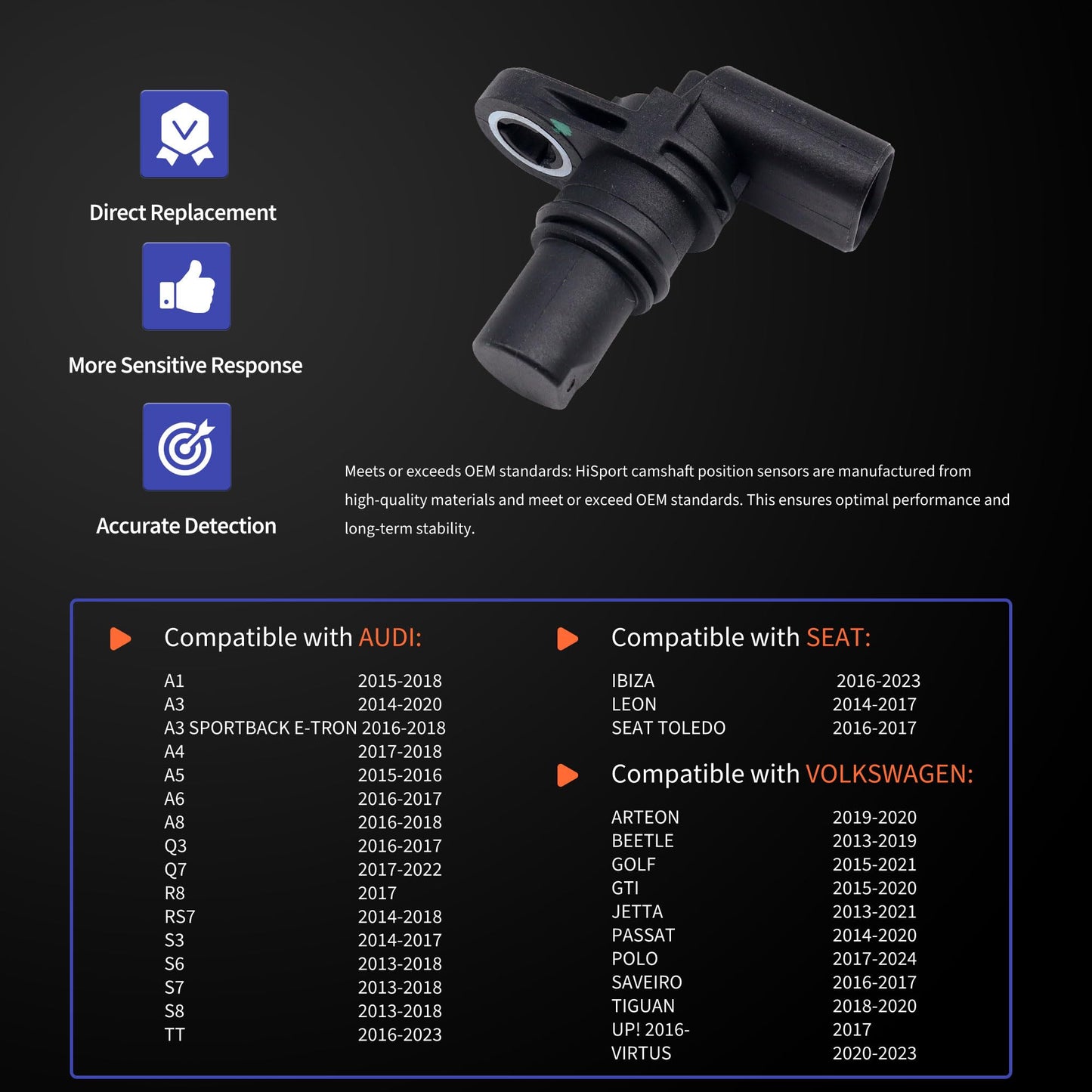 HiSport PC984 Camshaft Position Sensor - Compatible with Audi A1 A3 A4 A5 A6 A8 Seat Volkswagen Arteon Beetle Seat Ibiza Leon Toledo Replaces 04C907601 04C907601K PC984 17211