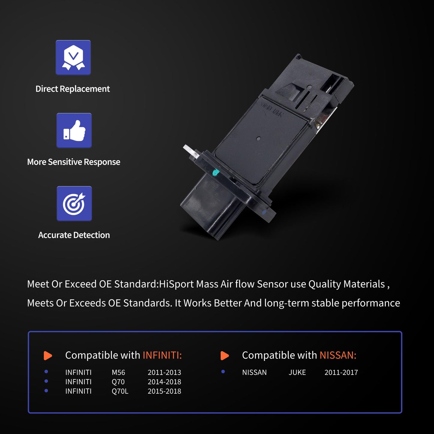 HiSport Mass Air Flow Sensor Compatible with Infiniti M56 Q70 Q70L 2011-2018 Nissan Juke 2011-2017 Replaces 74-50089 7450089 86-50089 8650089 MAS0353 5S13578 MA455 0986JG1612 2505017 135017