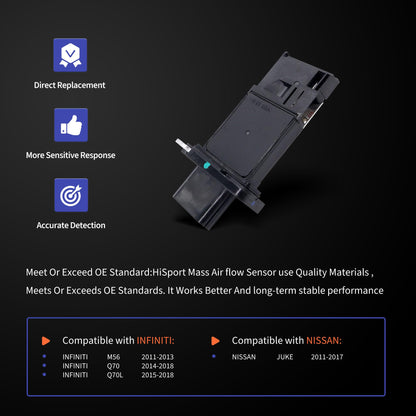 HiSport Mass Air Flow Sensor Compatible with Infiniti M56 Q70 Q70L 2011-2018 Nissan Juke 2011-2017 Replaces 74-50089 7450089 86-50089 8650089 MAS0353 5S13578 MA455 0986JG1612 2505017 135017