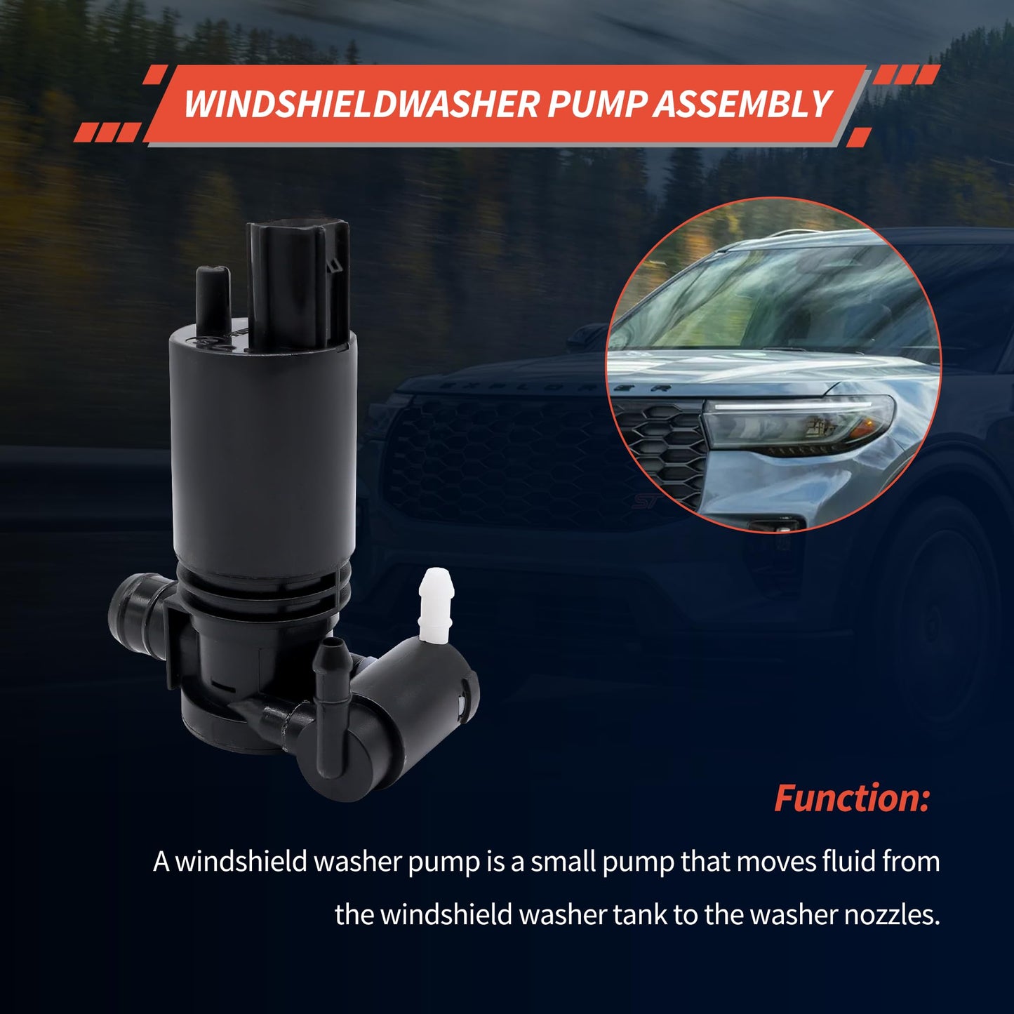 HiSport 8A61-17K624-AA Windshield Washer Pump - Compatible with Ford Explorer Fiesta Edge Flex Compatible with Transit Connect Taurus X Lincoln MKT MKX 2007-2015