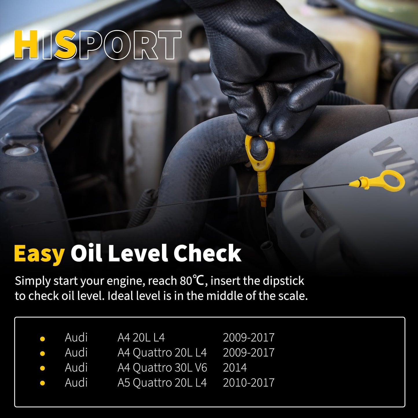 HiSport Engine Oil Dipstick - Compatible with Audi A3 A3 Quattro Q3 Q3 Quattro TT TT Quattro; Volkswagen Beetle CC Tiguan Jetta Passat CC Replacement 06H115611E 06J115611F