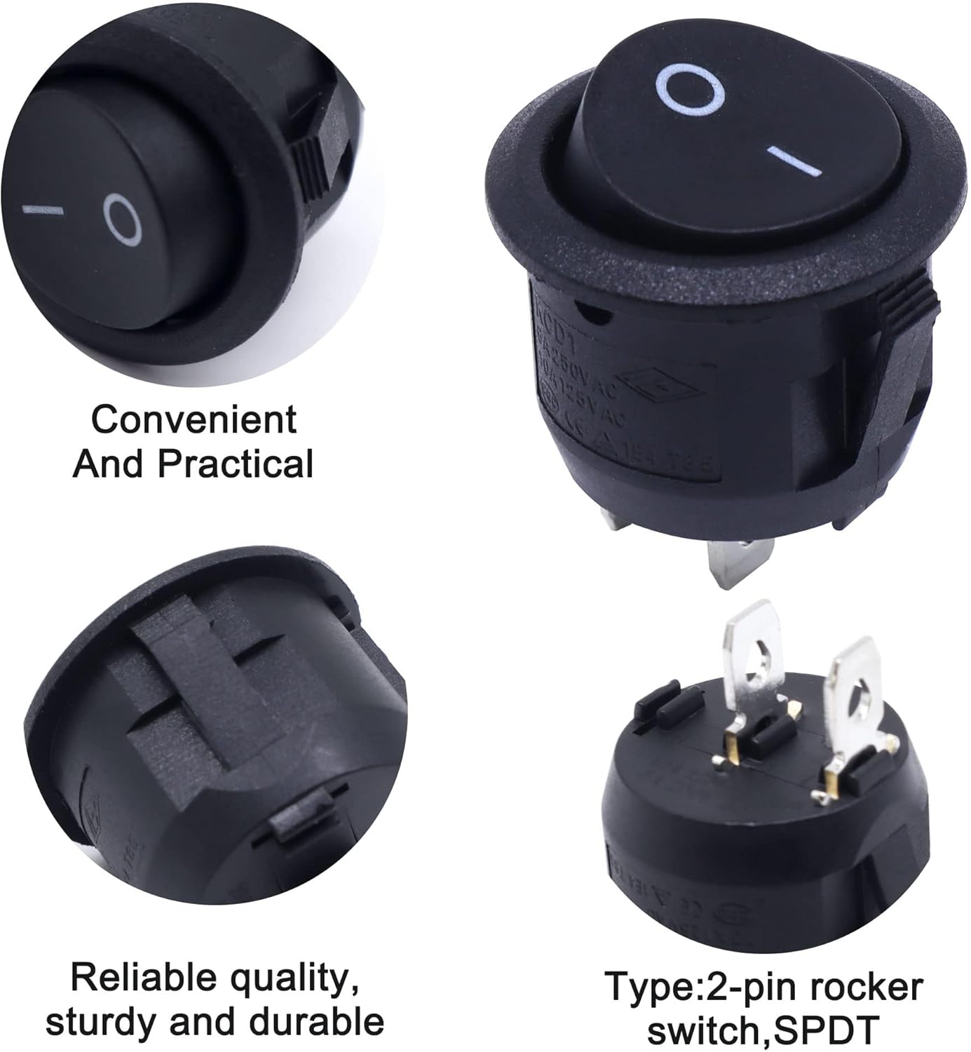 HISports Rocker Switch ON/Off Mini Round Toggle Switch SPST 2Pin Snap-in Latching 10A/125V 6A/250V Waterproof Rocker Toggle Switch Car Dashboard Switch for Car RV Marine Boat Truck Motorcycles 5 Pcs